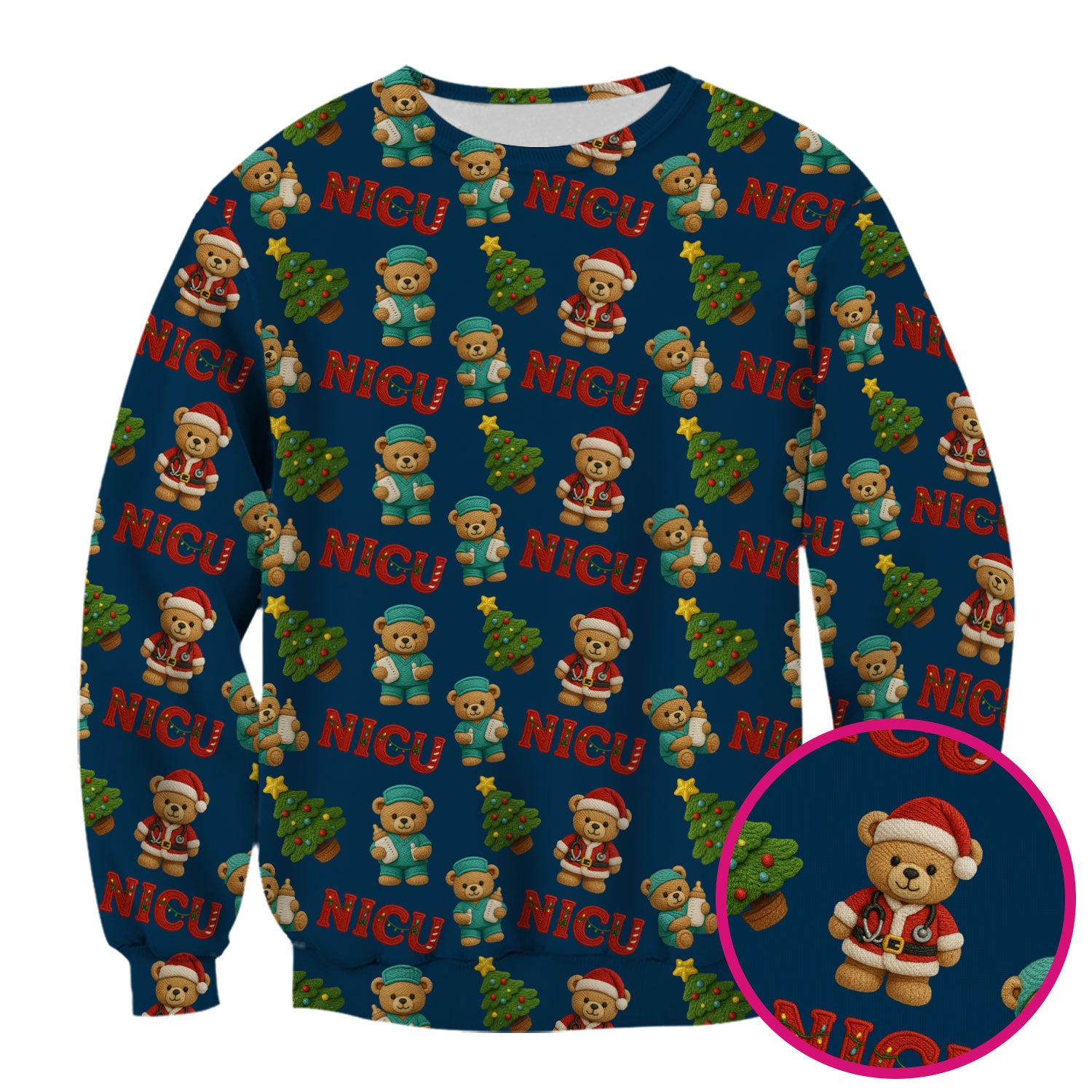 Festive Christmas NICU Nurse Teddy Bear Pattern, Breathable Fabrics Nursing Uniform