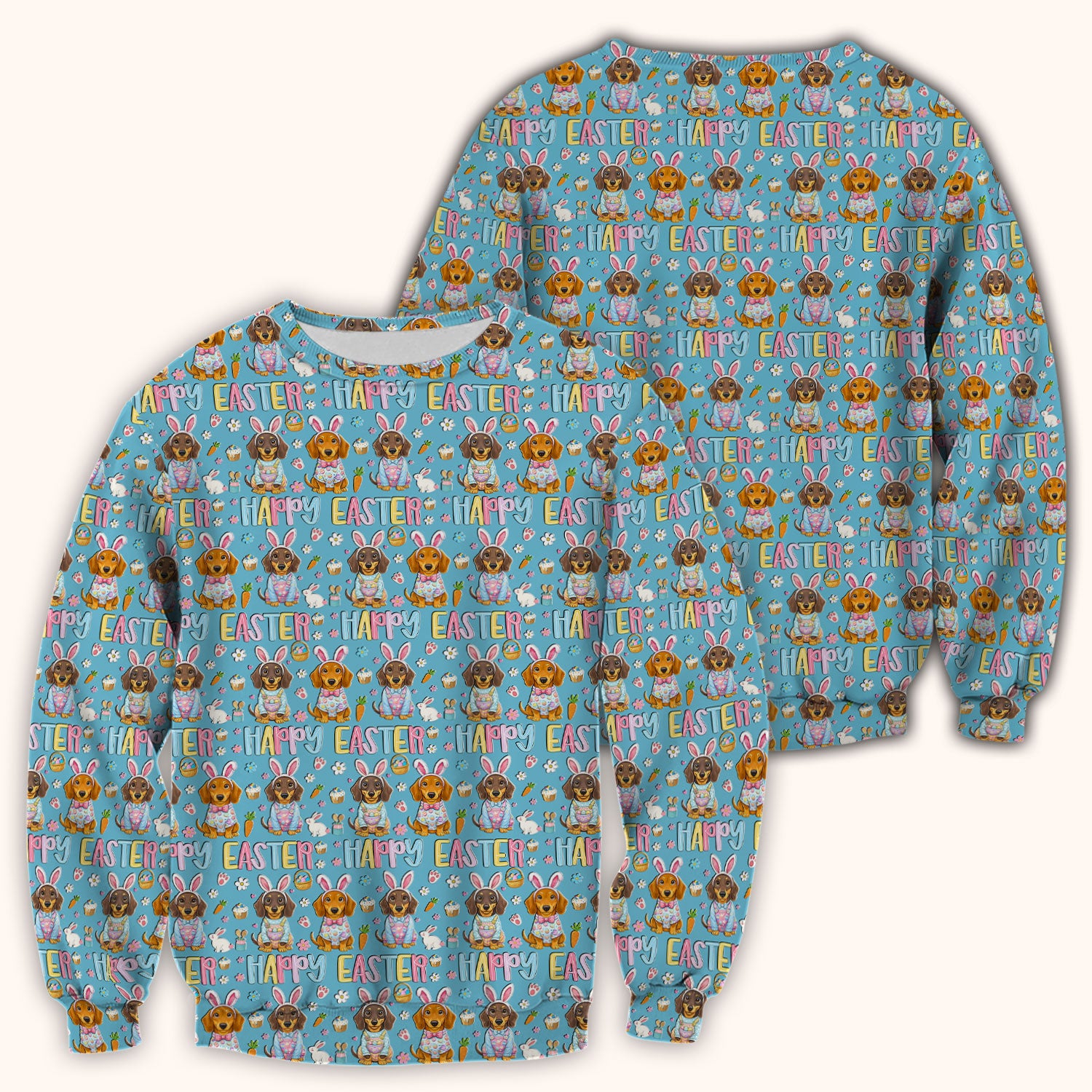 Happy Easter Dachshund Bunny Print Scrub Top, Comfortable Scrubs for Nurses