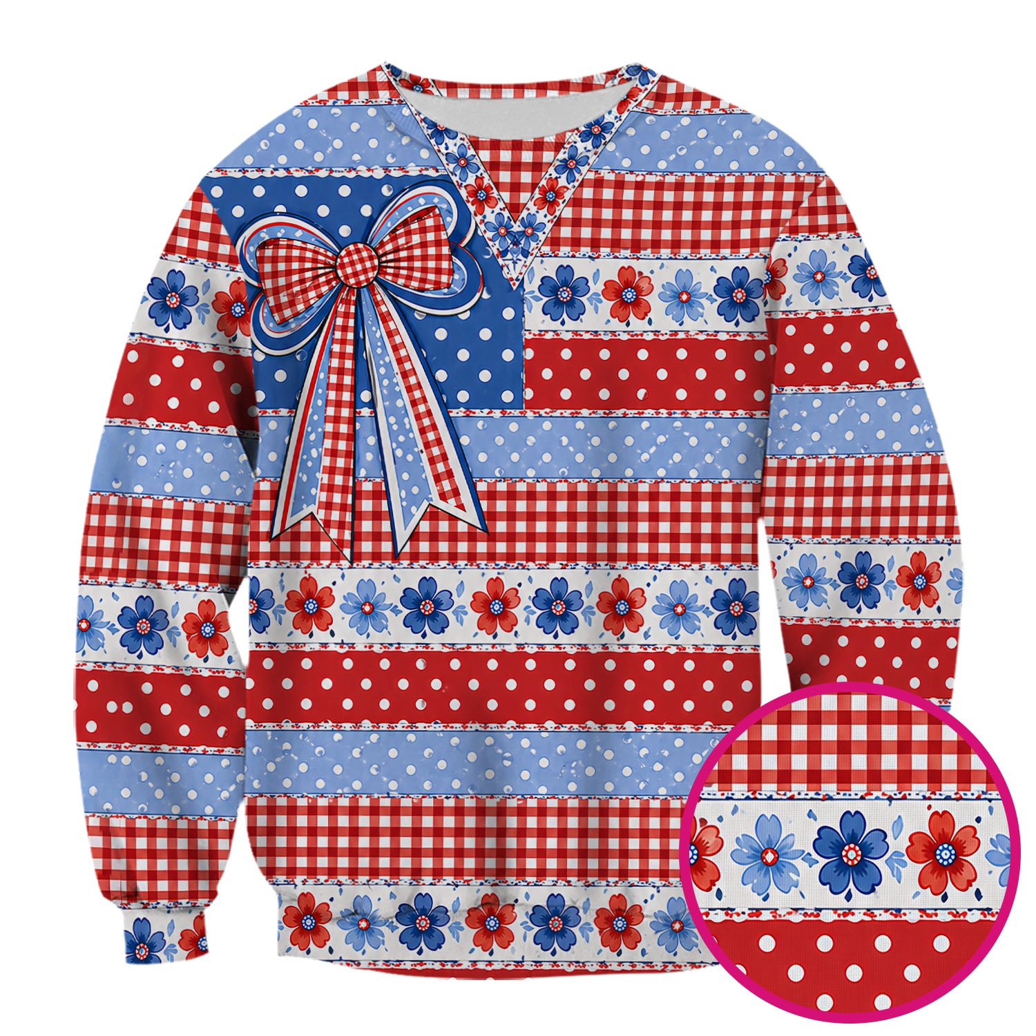 Patriotic Gingham Bow Floral Pattern Scrub Top, Comfortable Scrubs for Nurses