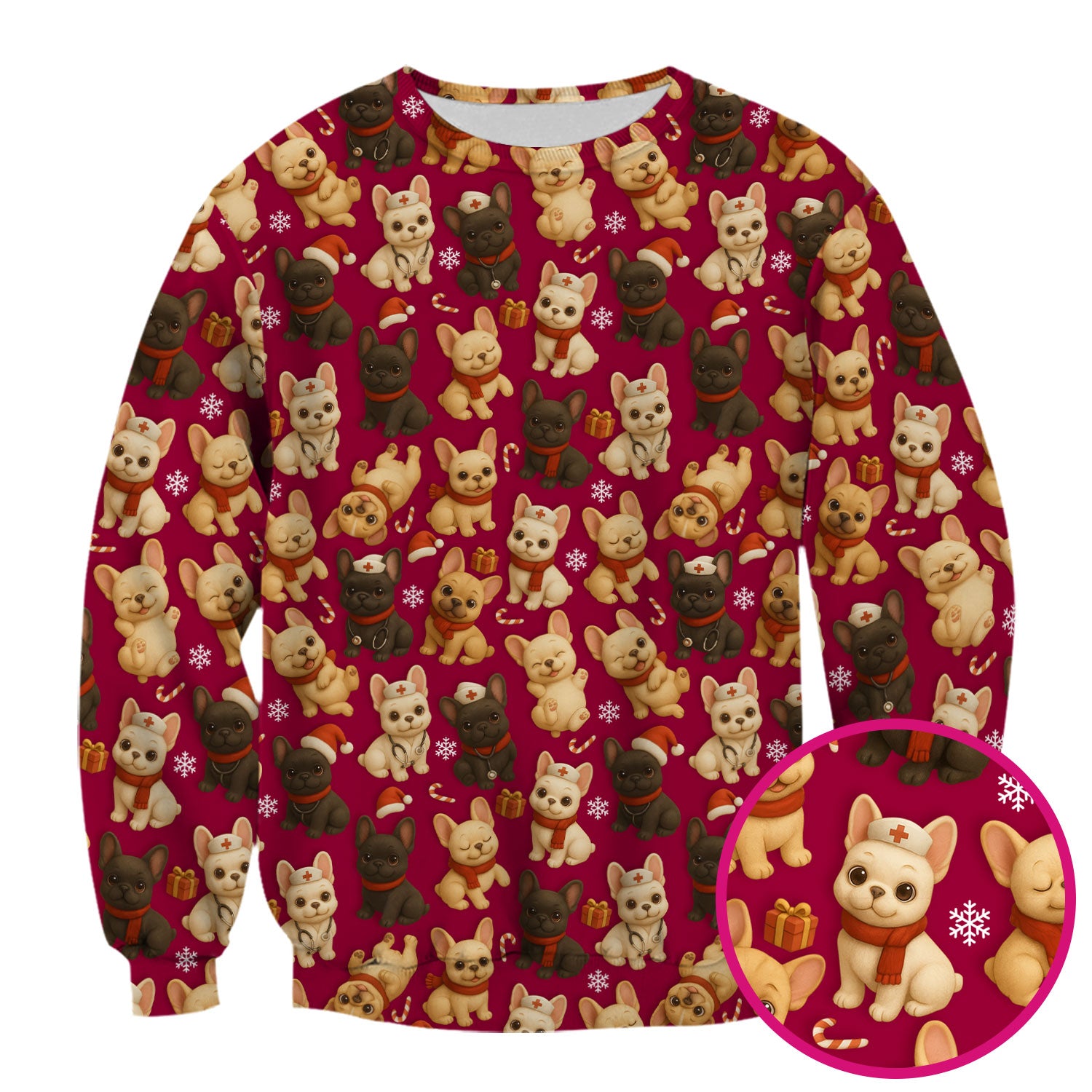 Christmas Dog Scrubs for Women - Cute French Bulldog Pattern Medical Scrub Top - Festive Holiday Nurse Scrubs with Adorable Puppy Design