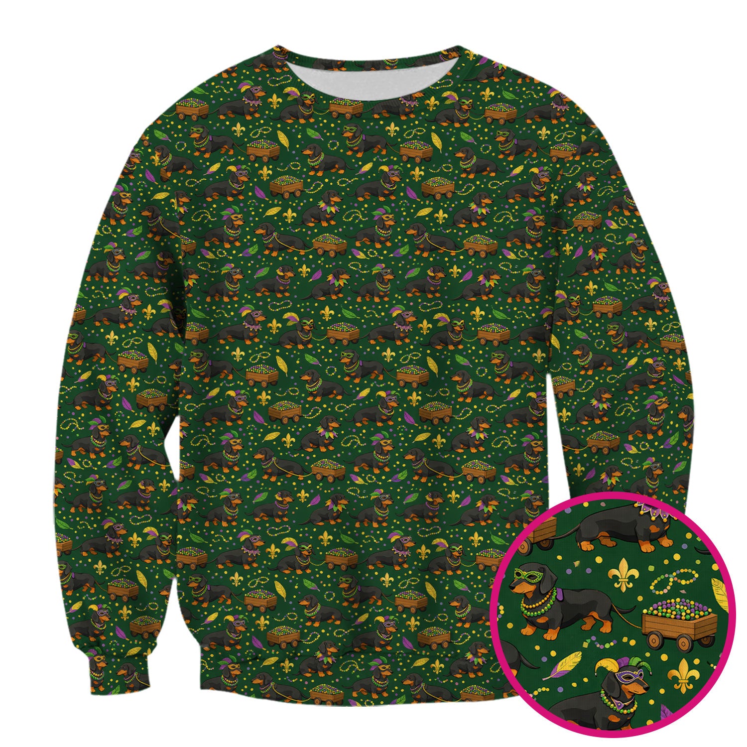 Funny Mardi Gras Dachshund Scrub Top, Festival Wiener Dog Pattern Nurse Shirt, Breathable Fabrics Nursing Uniform