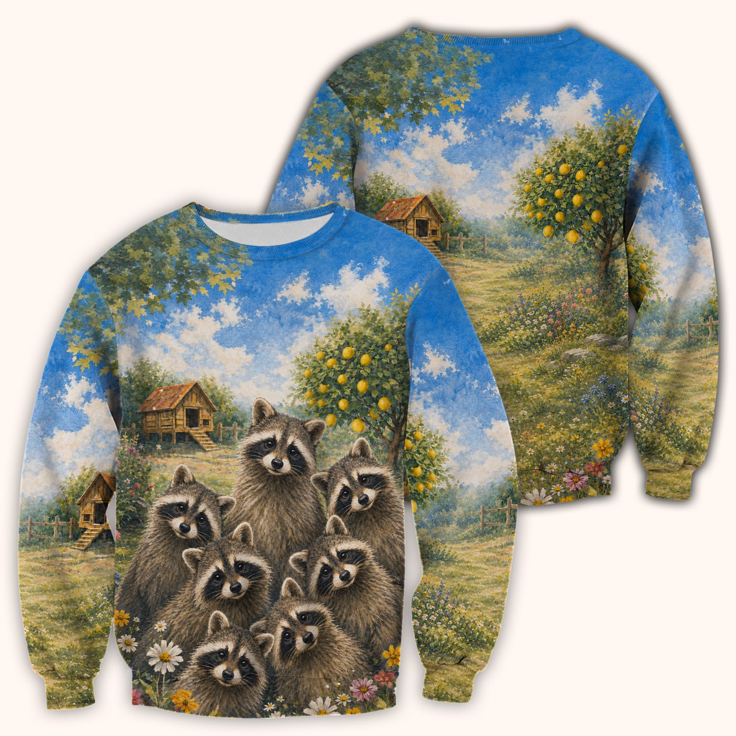 Adorable Raccoon Family Garden Pattern Scrub Top, Comfortable Scrubs for Nurses