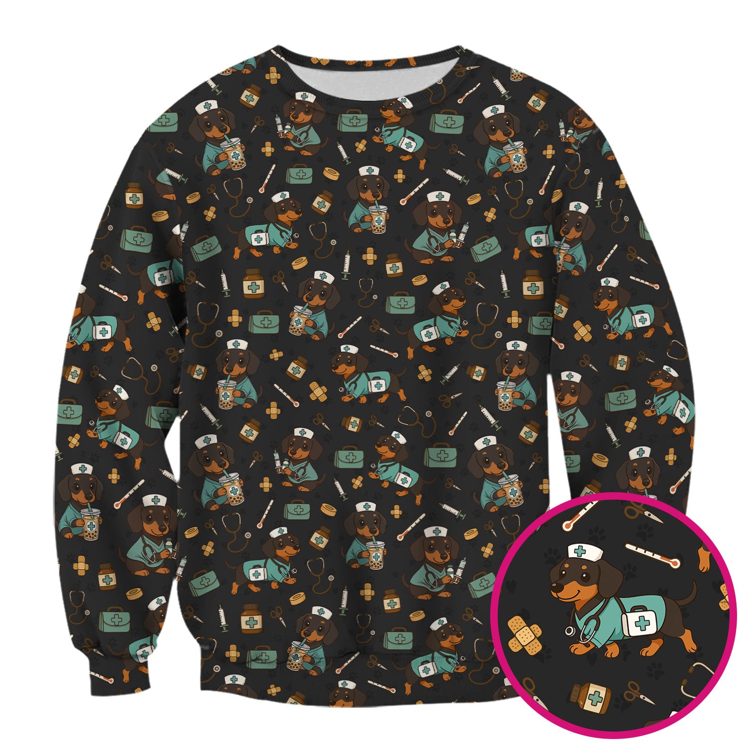Funny Dachshund Nurse Scrubs - Cute Dog Print Medical Shirt - Holiday Nurse Scrub Top Gift for RN CNA Doctor, Women & Men