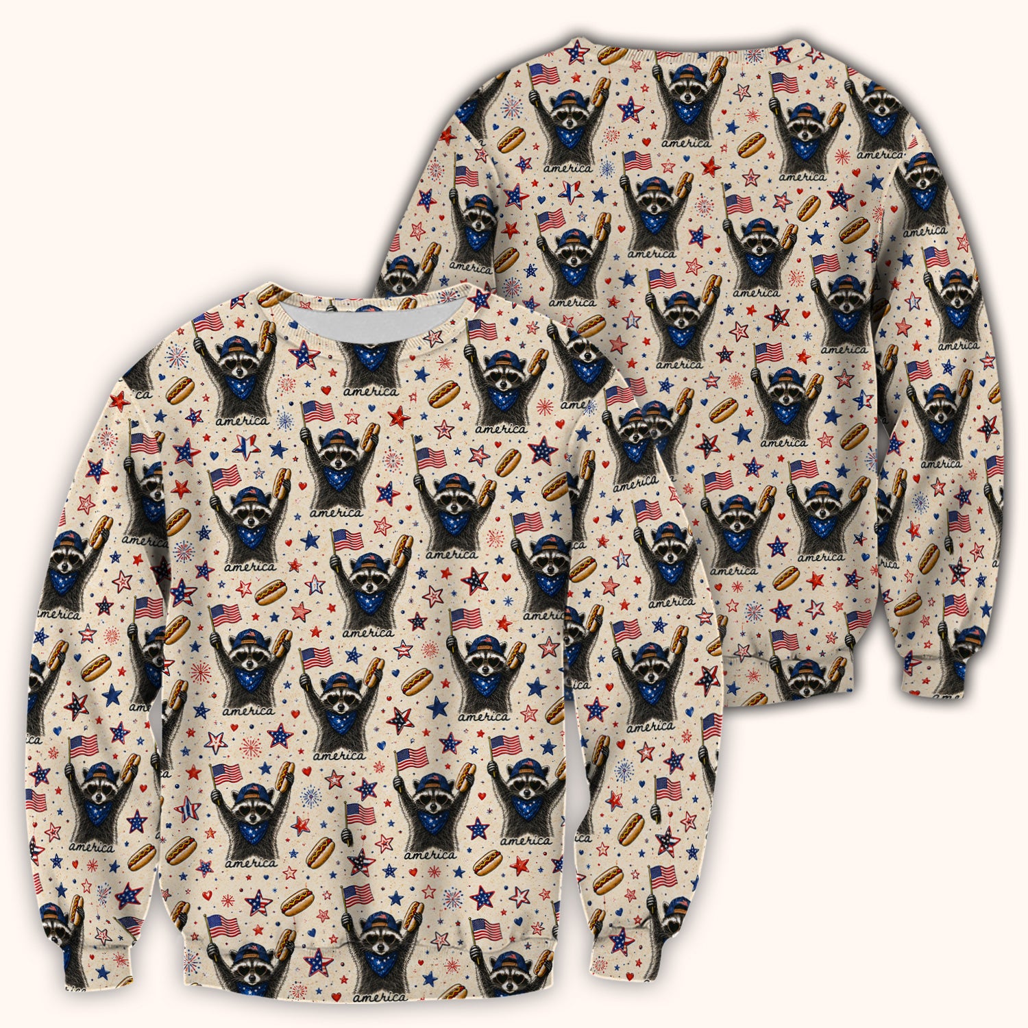 Patriotic Raccoon America Hotdog Pattern Scrub Top, Comfortable Scrubs for Nurses