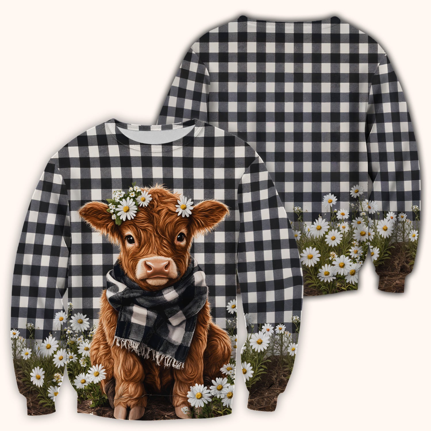 Highland Cow Daisy Pattern Scrub Top, Comfortable Scrubs for Nurses