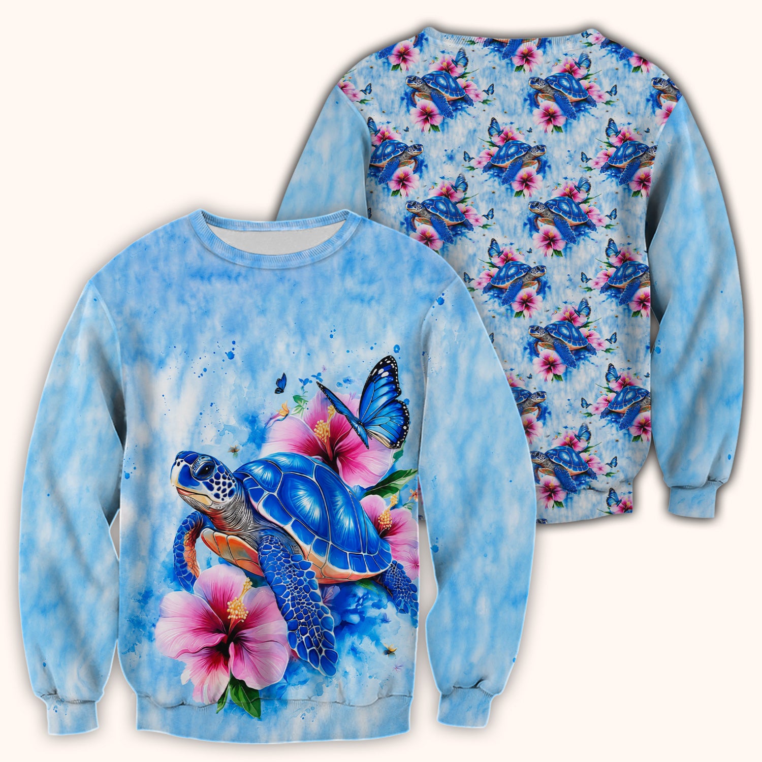 Blue Sea Turtle Hibiscus Butterfly Print Scrub Top, Comfortable Scrubs for Nurses