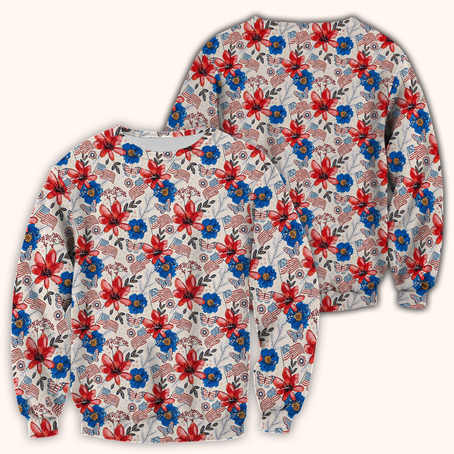 Patriotic Floral Flag Butterfly Pattern Scrub Top, Comfortable Scrubs for Nurses