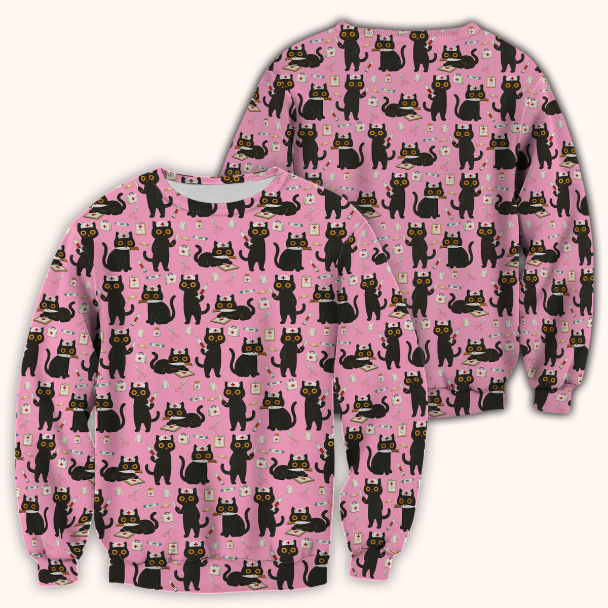Cute Black Cat Nurse Pattern Scrub Top, Comfortable Scrubs for Nurses