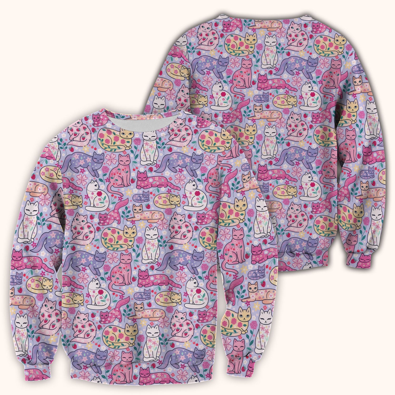 Funny Colorful Pastel Cats Floral Strawberry Print Scrub Top, Breathable Fabrics Nursing Uniform