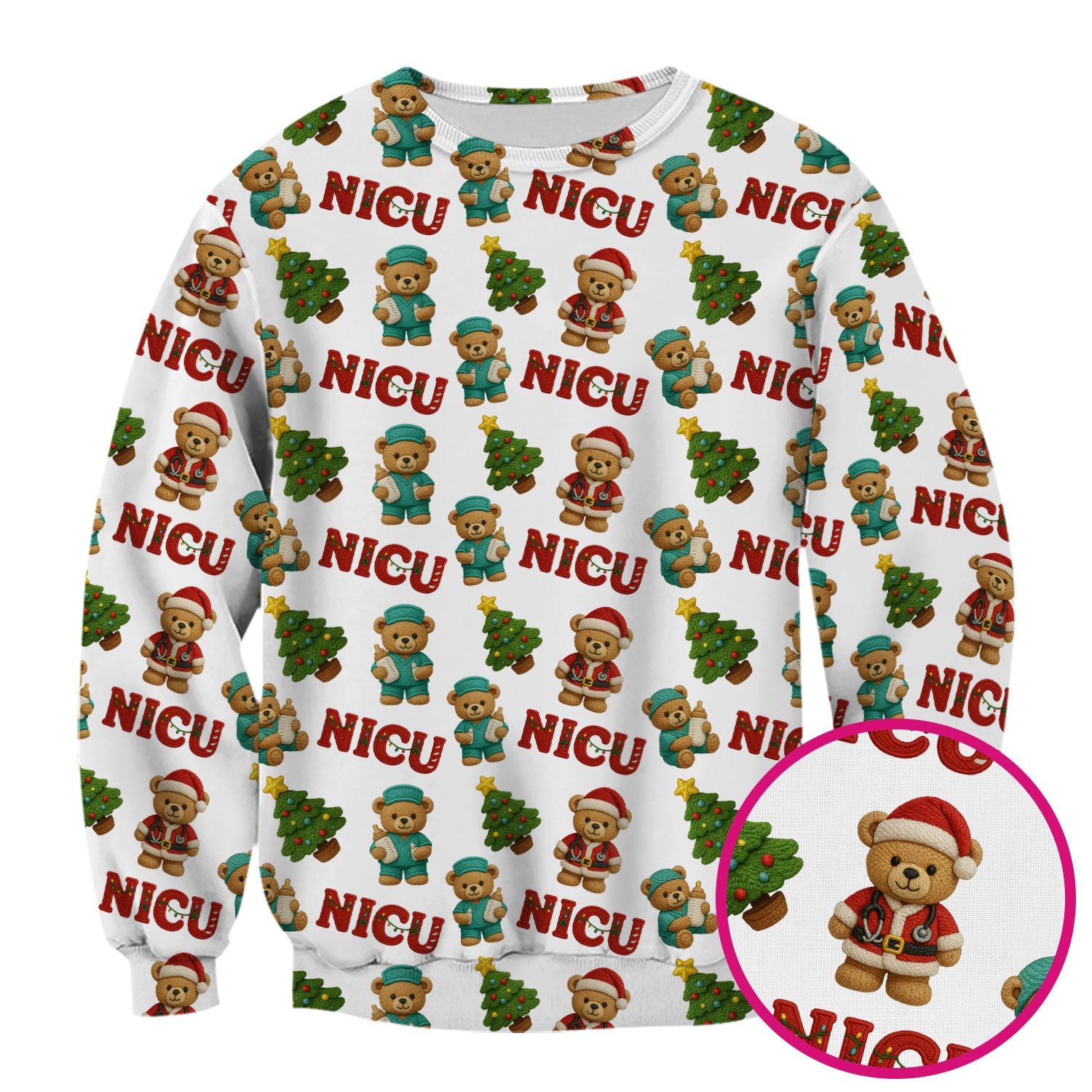 Festive Christmas NICU Nurse Teddy Bear Pattern, Breathable Fabrics Nursing Uniform