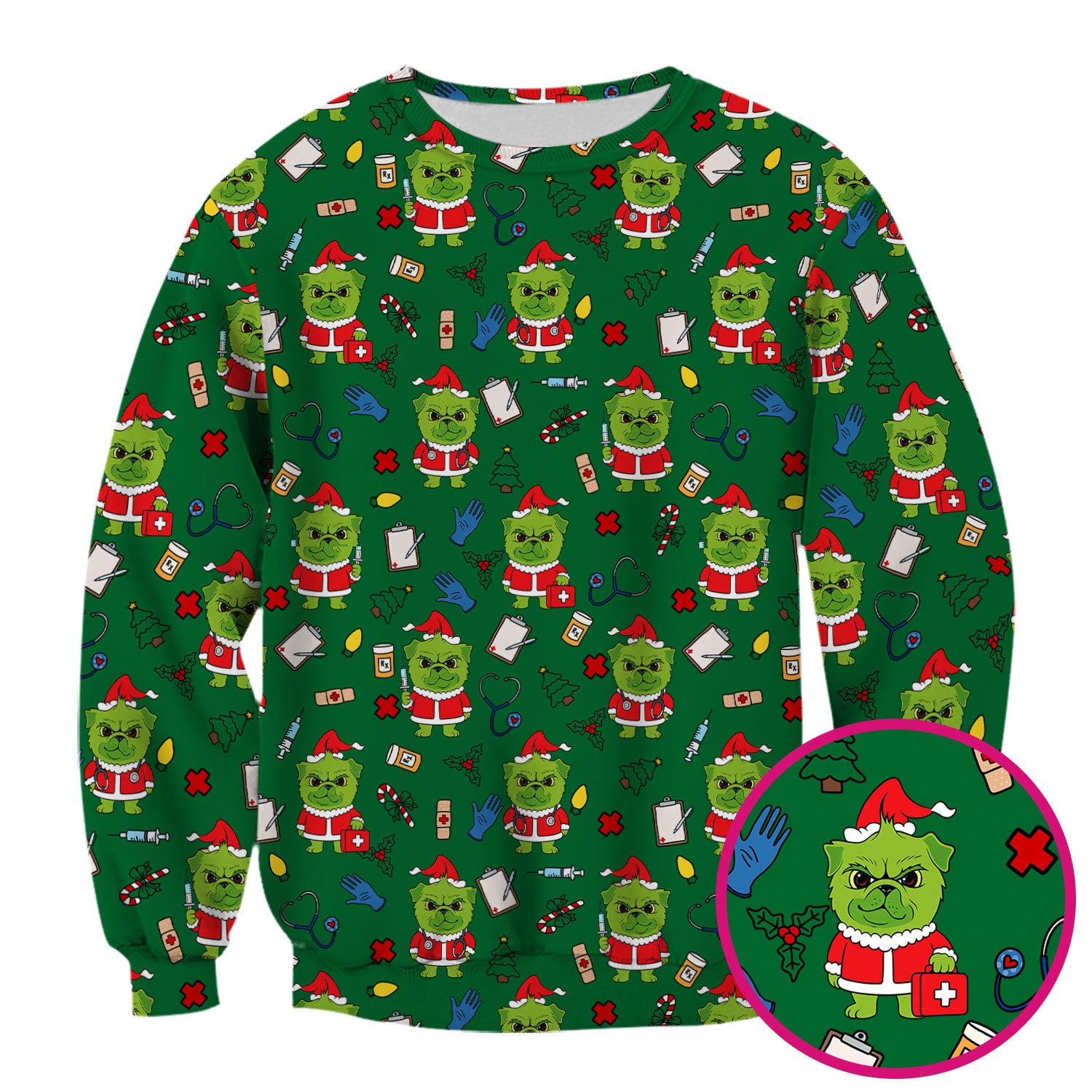 Funny Christmas Scrub Top for Nurses - Grumpy Dog and Medical Tools Pattern - Holiday Nurse Scrubs for Women