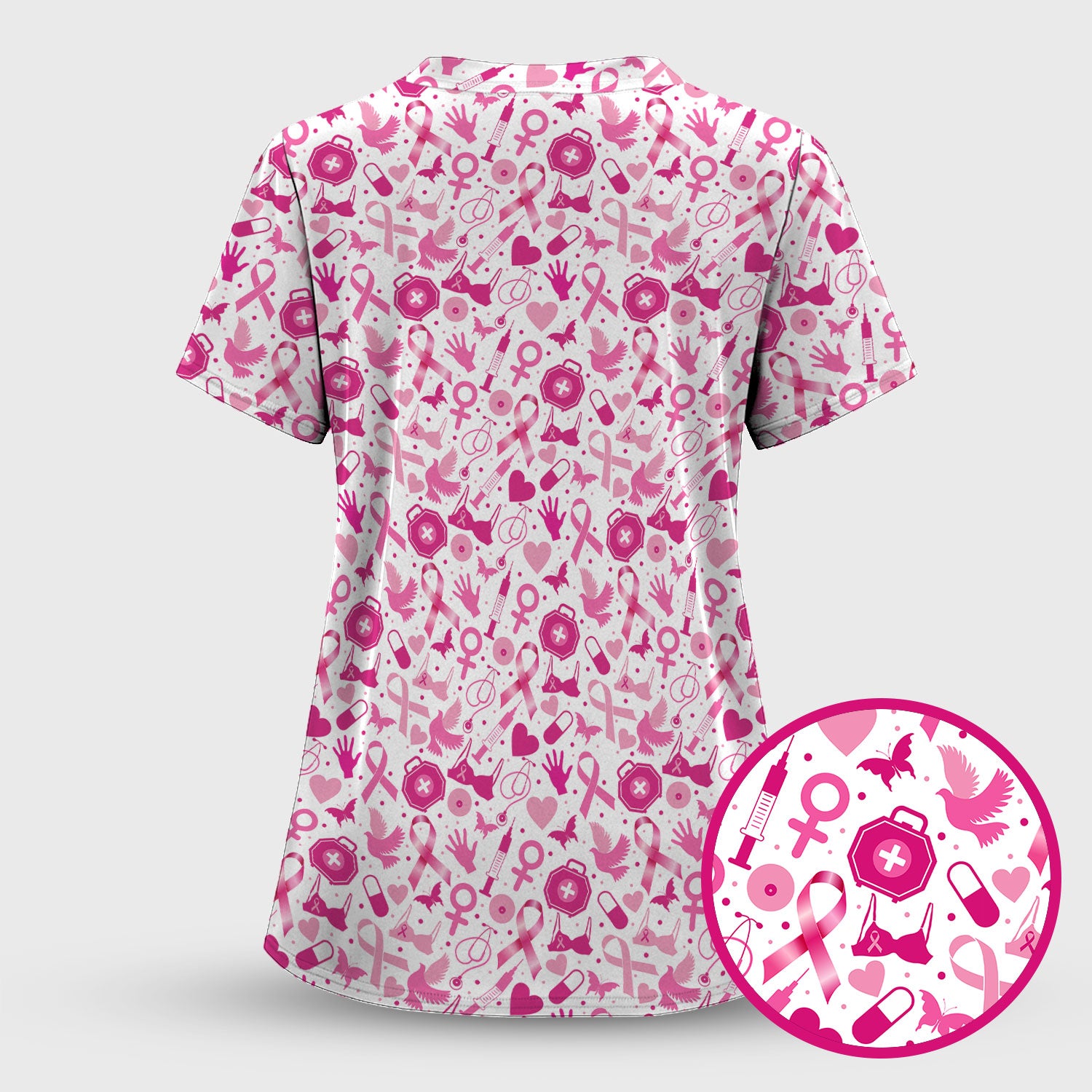 Breast Cancer Awareness Shirt - Pink Ribbon & Nurse Icons Pattern - Gift for RN LPN Healthcare Workers
