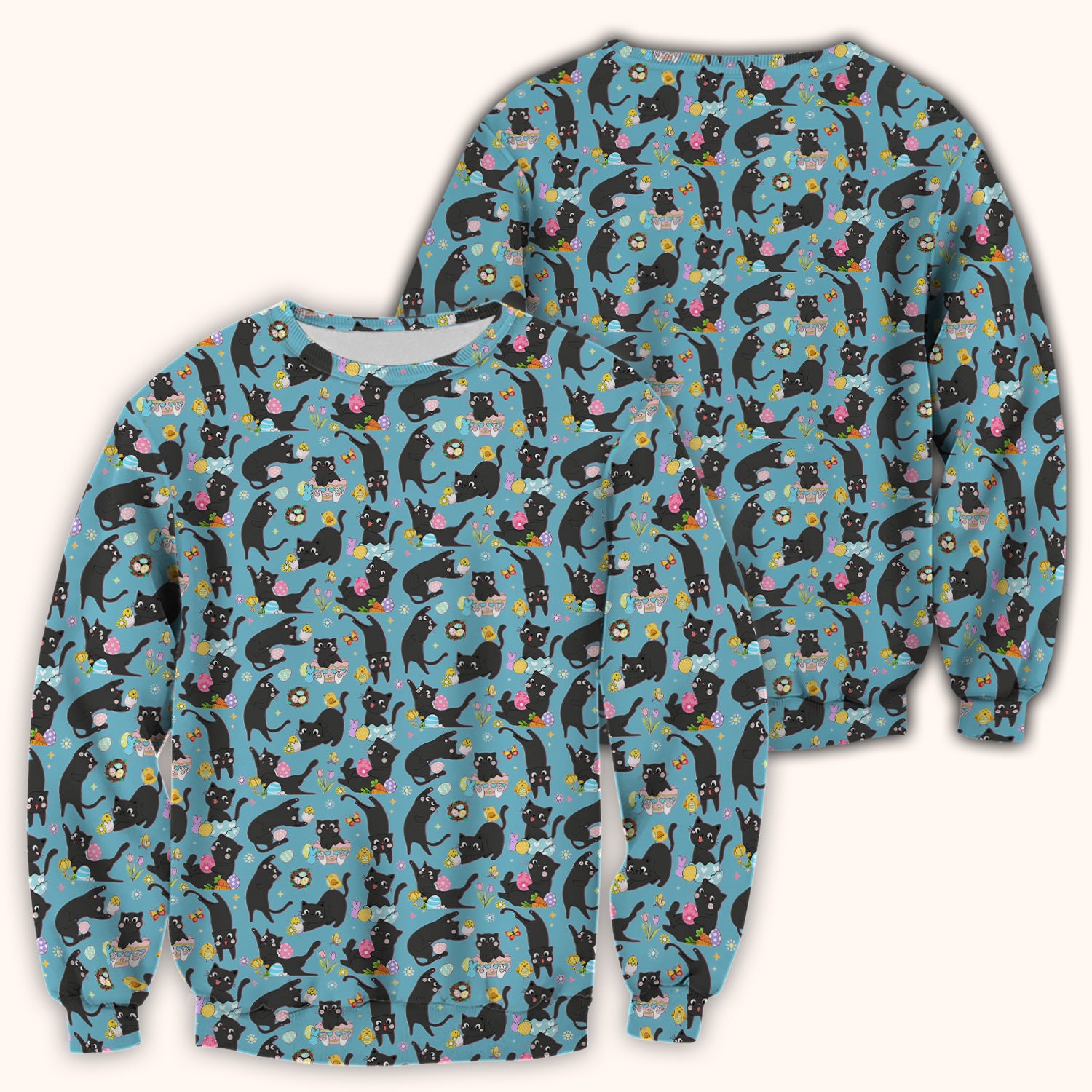 Playful Black Cat Easter Egg Pattern Scrub Top, Comfortable Scrubs for Nurses