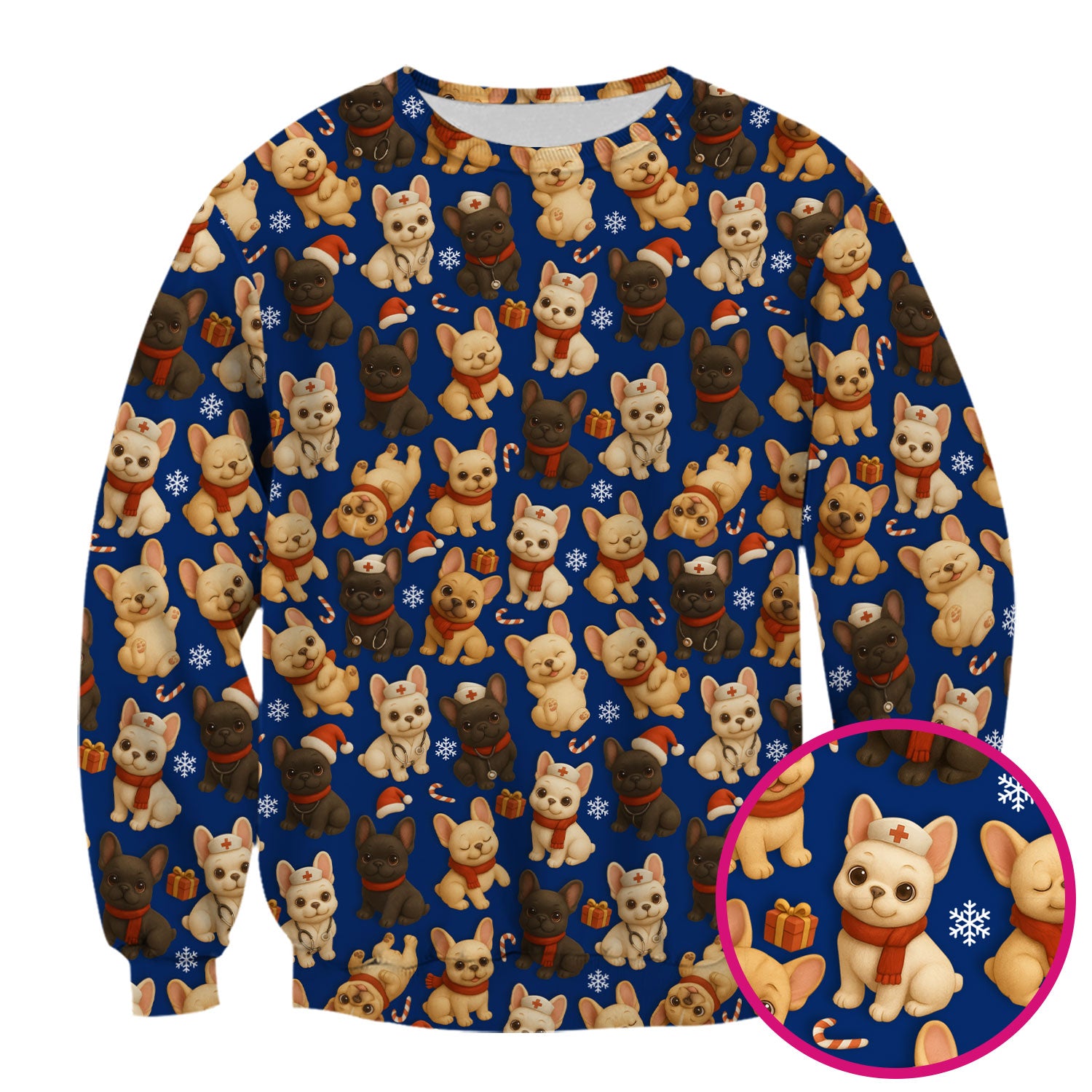 Christmas Dog Scrubs for Women - Cute French Bulldog Pattern Medical Scrub Top - Festive Holiday Nurse Scrubs with Adorable Puppy Design