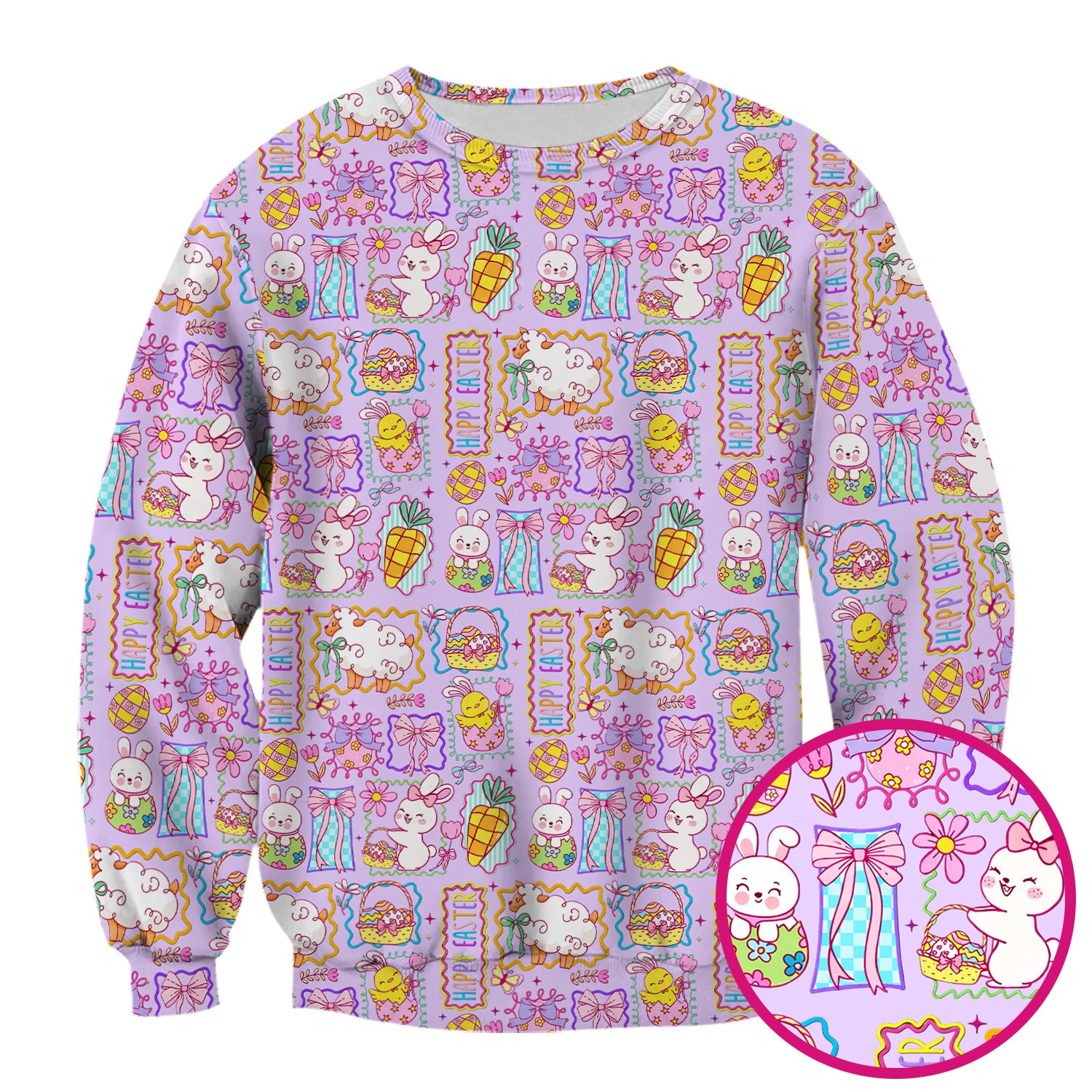 Cute Easter Bunny Egg and Bow Print Scrub Top, Breathable Fabrics Nursing Uniform