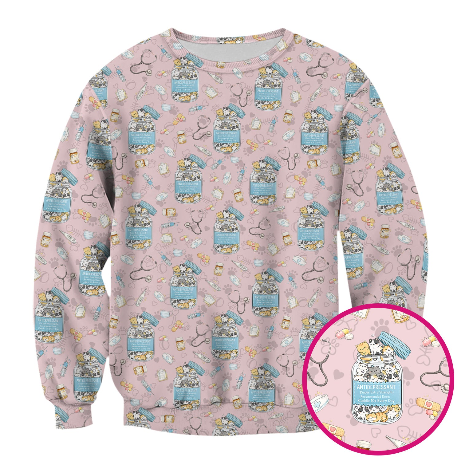 Cute Antidepressant Cat Jar Print Nurse Scrub Top, Breathable Fabrics Nursing Uniform