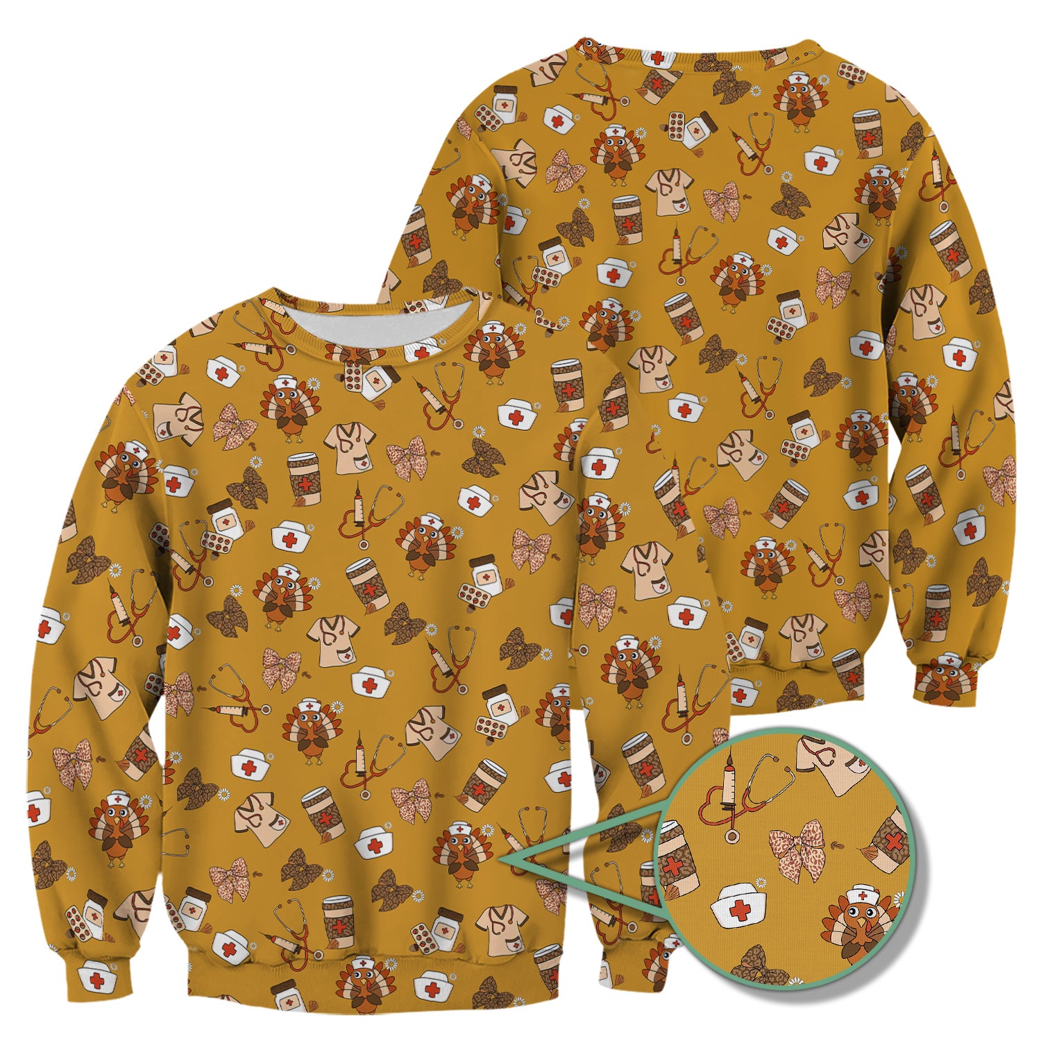 Cute Nurse Fall Season Scrub Top - Thanksgiving Turkey & Stethoscope Medical Design  - Gift for RN LPN CNA