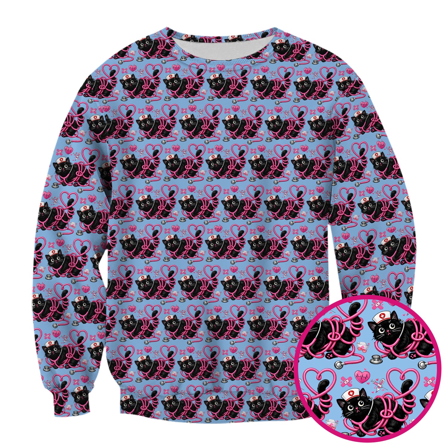 Valentine Cute Cat Nurse Heart Print Scrub Top, Comfortable Scrubs for Nurses