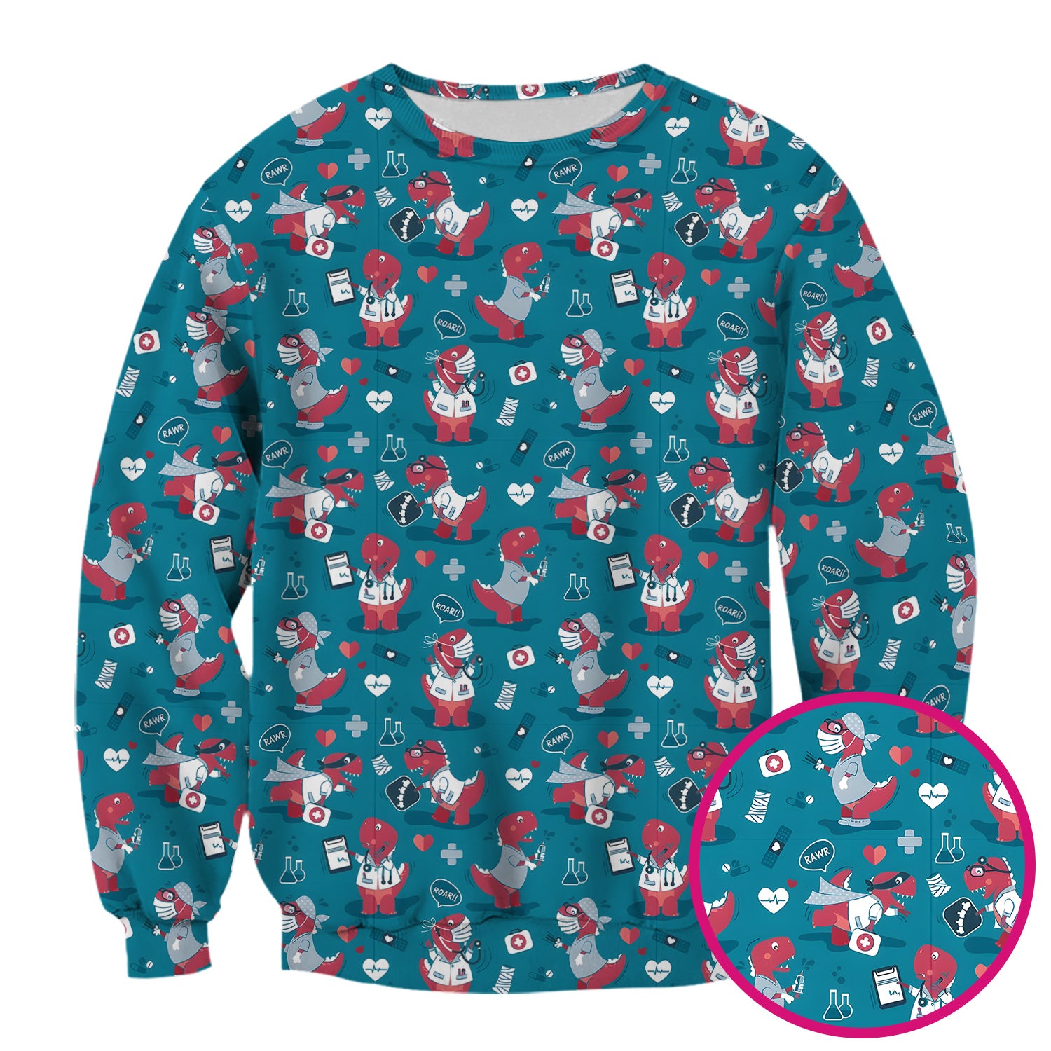 Cute Dinosaur Doctor Medical Pattern Scrub Top, Breathable Fabrics Nursing Uniform