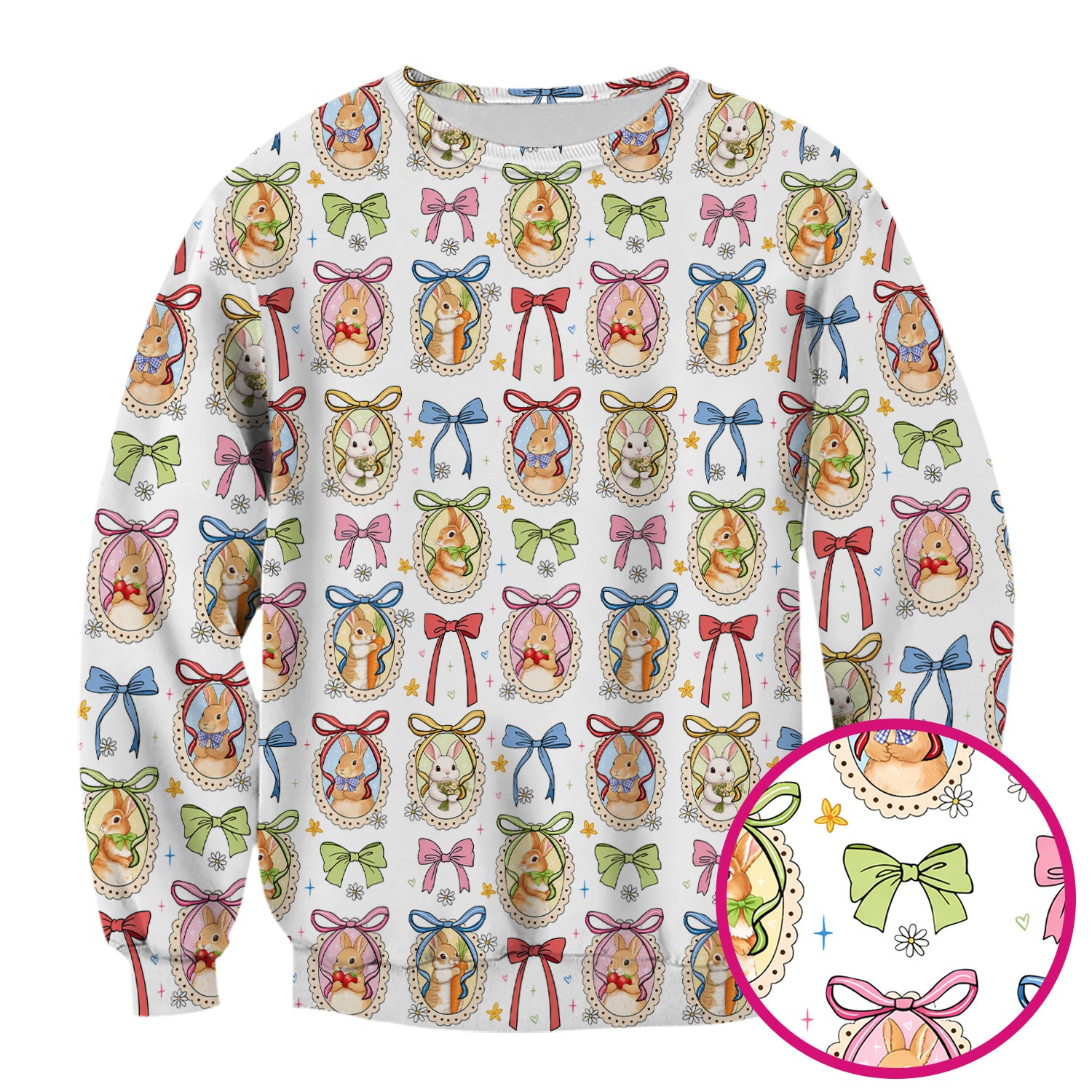 Cute Easter Bunny Cameo Colorful Bow Pattern Scrub Top, Breathable Fabrics Nursing Uniform