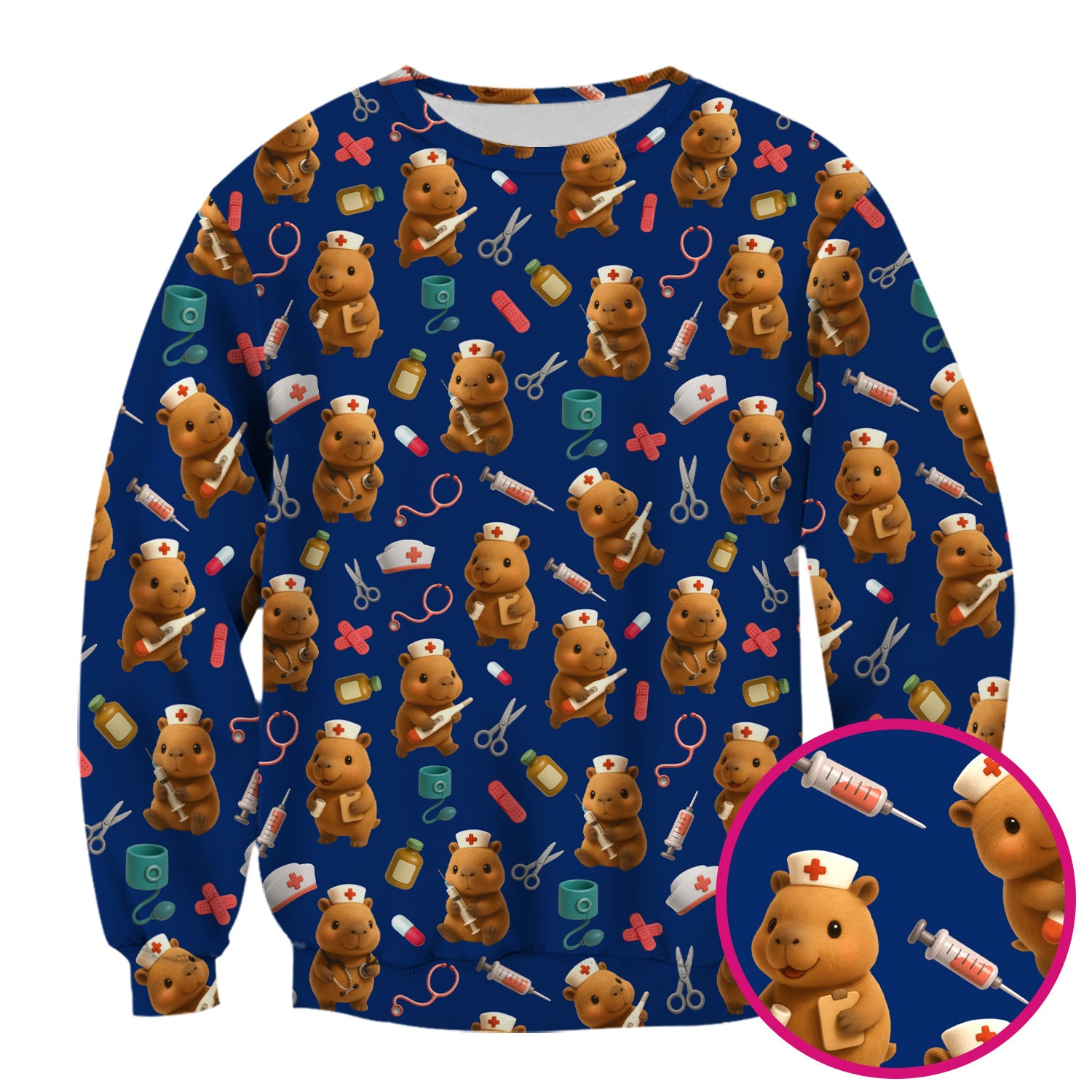 Funny Bear Scrub Top for Women - Nurse Hat and Syringe Pattern Medical Scrubs - Cute Teddy Nurse Shirt Gift for RN CNA LPN