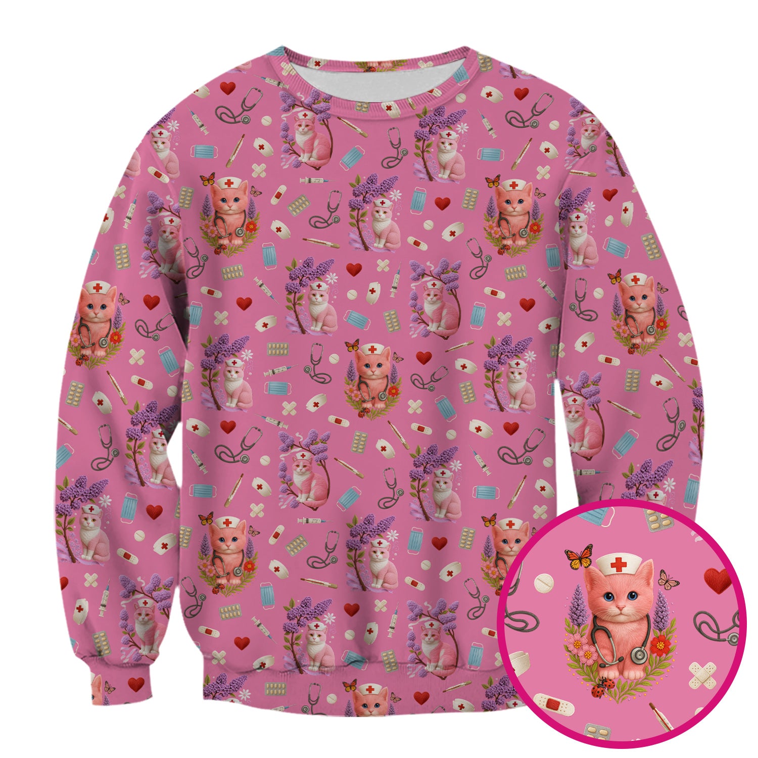 Pink Cat Nurse Scrub Top - Cute Medical Pattern Scrubs for Women - Funny Kitty Print Shirt Gift for RN LPN CNA Healthcare Workers