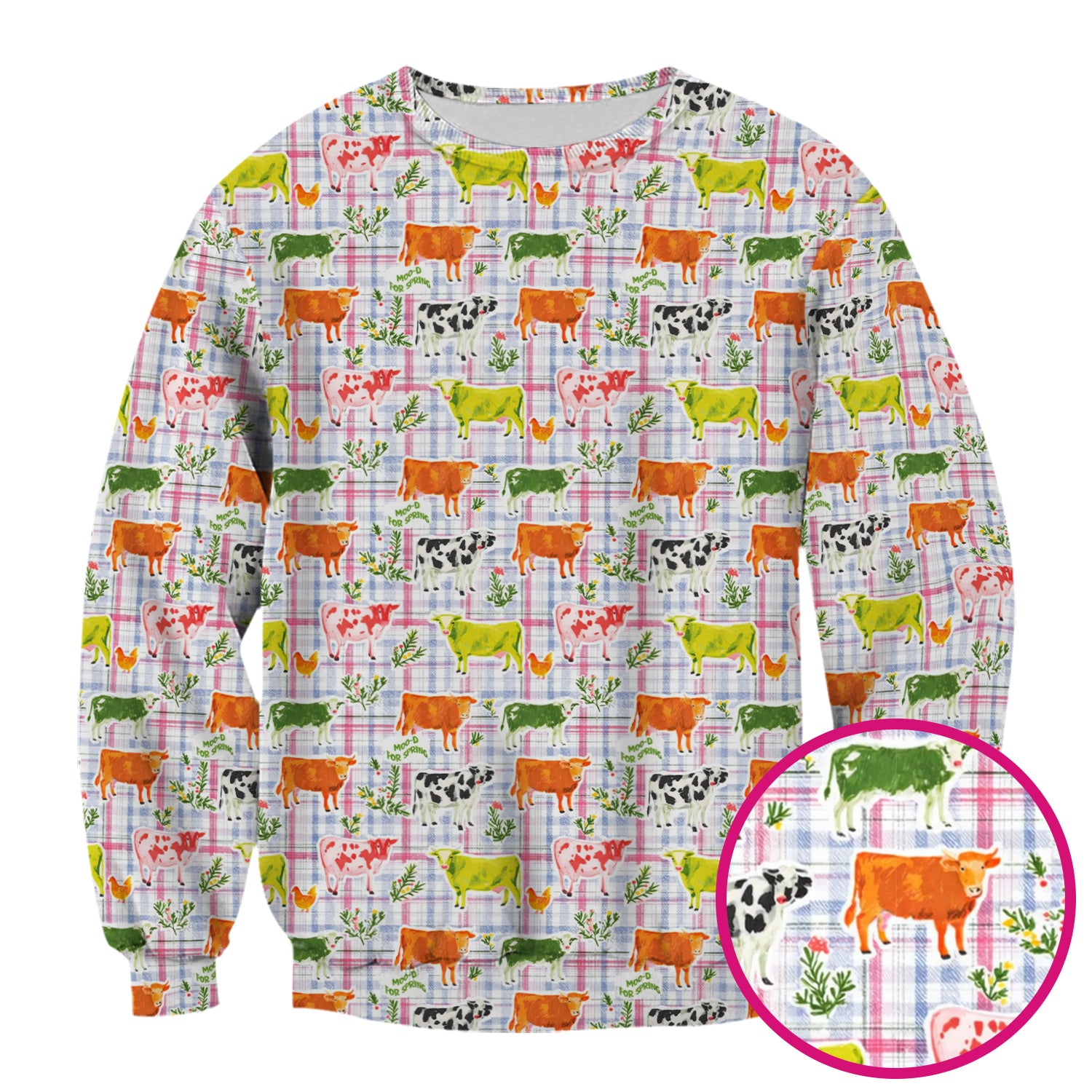 Colorful Farm Cow Plaid Print Scrub Top, Cute Country Scrubs for Nurses