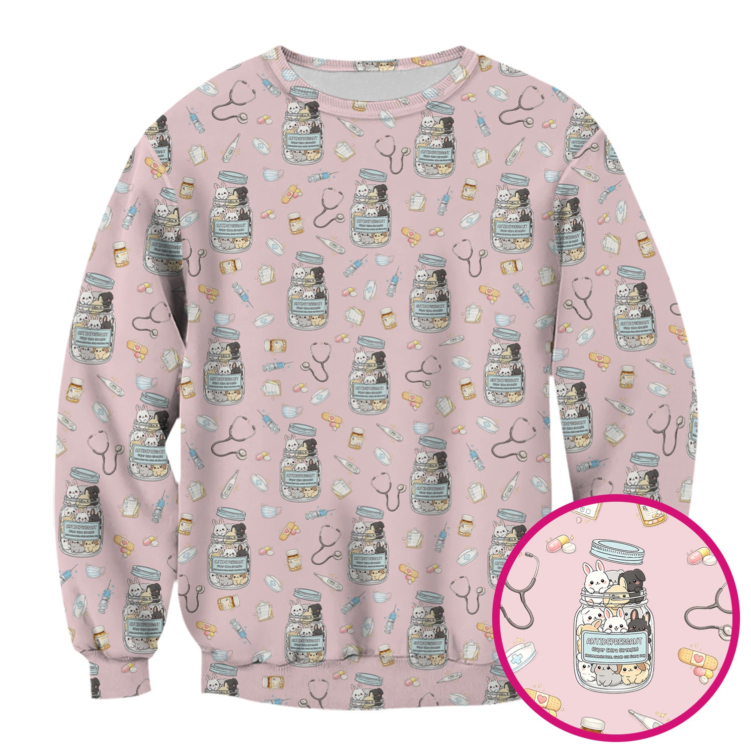 Whimsical Antidepressant Rabbit Jar Design Nurse Scrub Top, Soft & Breathable Workwear