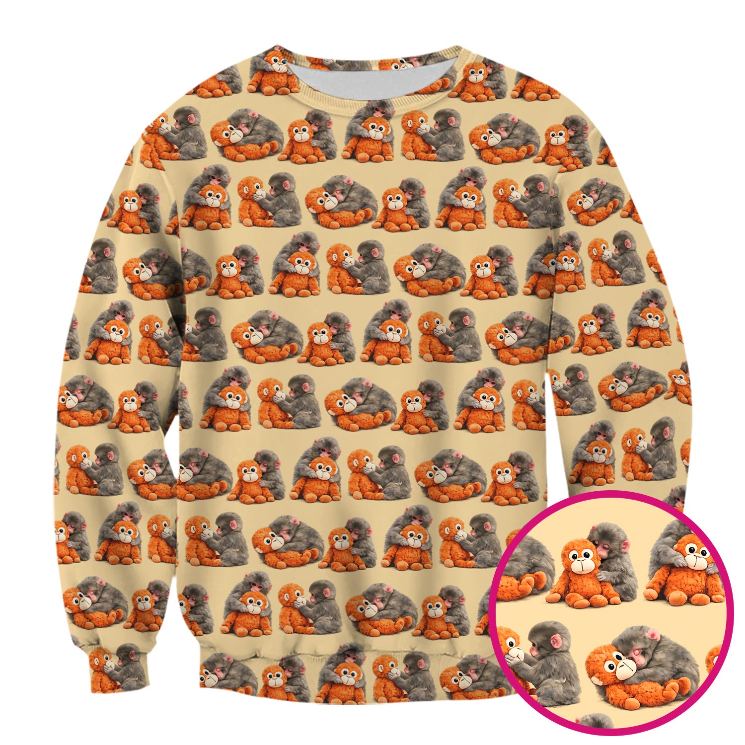 Cute Baby Monkey Plush Toy Animal Pattern Scrub Top, Breathable Medical Uniform Top