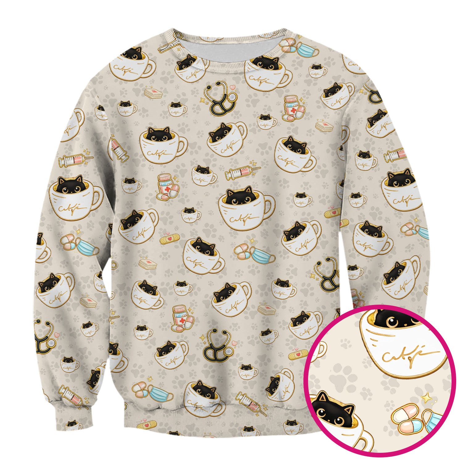 Cute Coffee Cat Medical Print Scrub Top, Breathable Fabrics Nursing Uniform