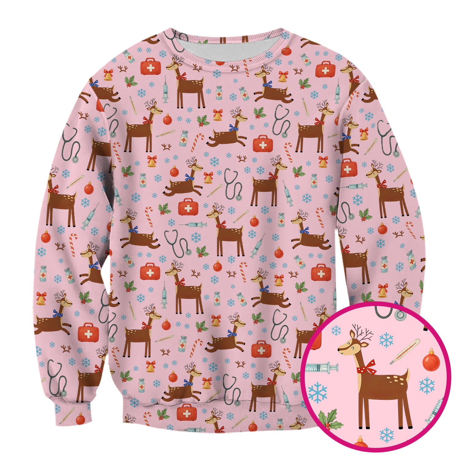 Reindeer Christmas Scrub Top - Snowflakes Candy Canes Holiday Medical Shirt - Xmas Scrubs for Women RN CNA LPN