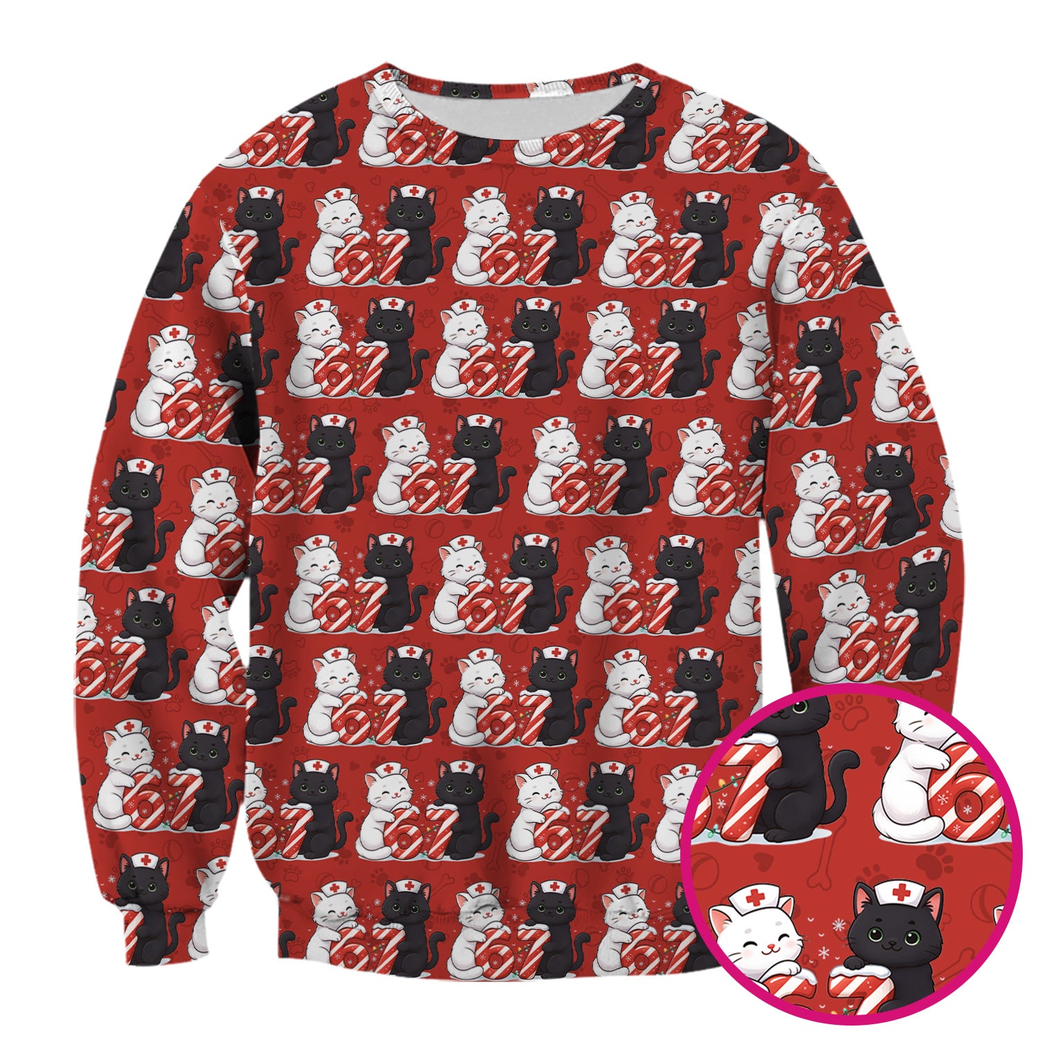 Xmas Cat Pattern Scrub Top, Christmas Nurse Six Seven With Cat Scrub Shirt, Breathable Fabrics Nursing Uniform