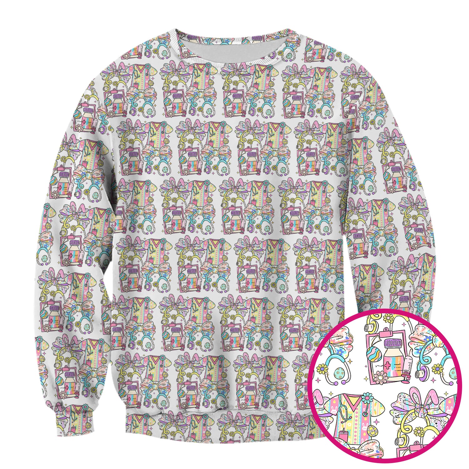 Colorful Nurse Scrub Supplies Pattern Scrub Top, Breathable Fabrics Nursing Uniform