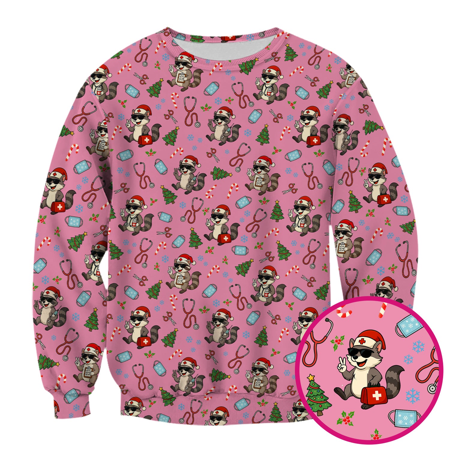 Christmas Scrub Top for Nurses - Funny Raccoon and Medical Tools Pattern - Festive Holiday Nurse Scrubs Shirt Gift for Women RN LPN CNA