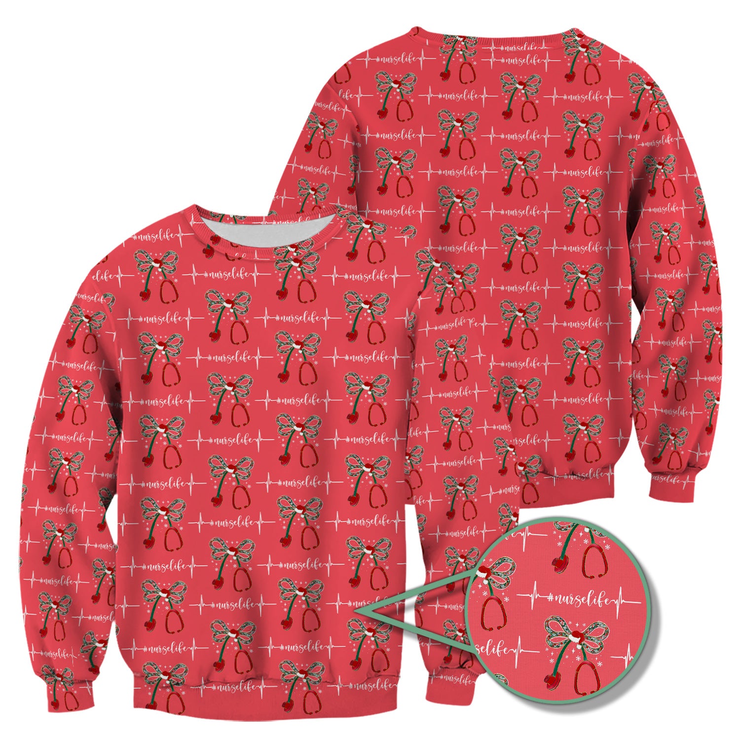 Personalized Funny Nurse Christmas Scrub Top - Stethoscope with Holiday Bow & Heartbeat Pattern - Gift for RN LPN CNA Healthcare Staff