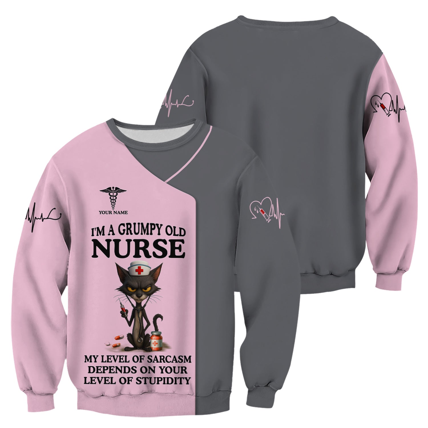 Sarcastic Grumpy Old Nurse Shirt - Black Cat Humo & Caduceus Symbol Design - Personalized Gift for RN LPN CNA Healthcare Workers