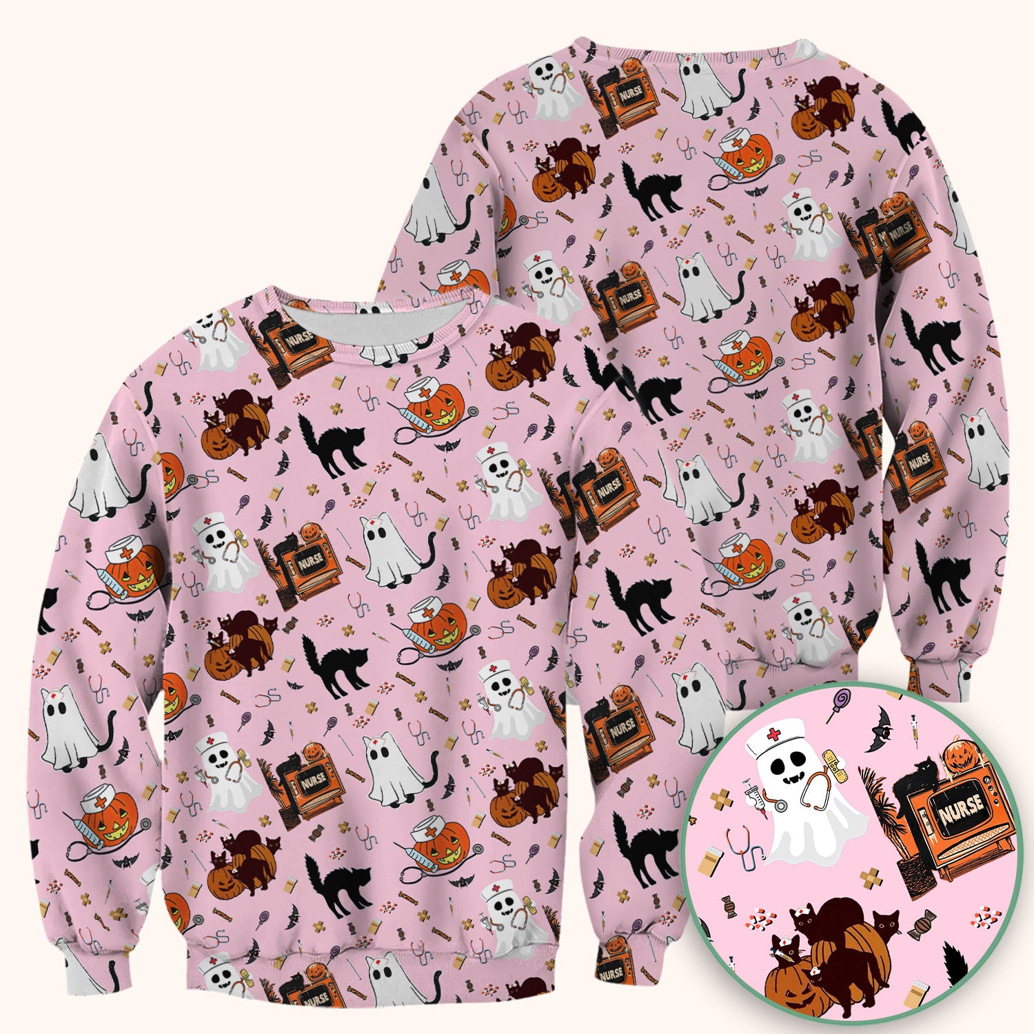 Halloween Scrub Top for Nurse - Cute Pumpkin Ghost Cat Medical Shirt - Spooky Scrubs for Women RN CNA LPN