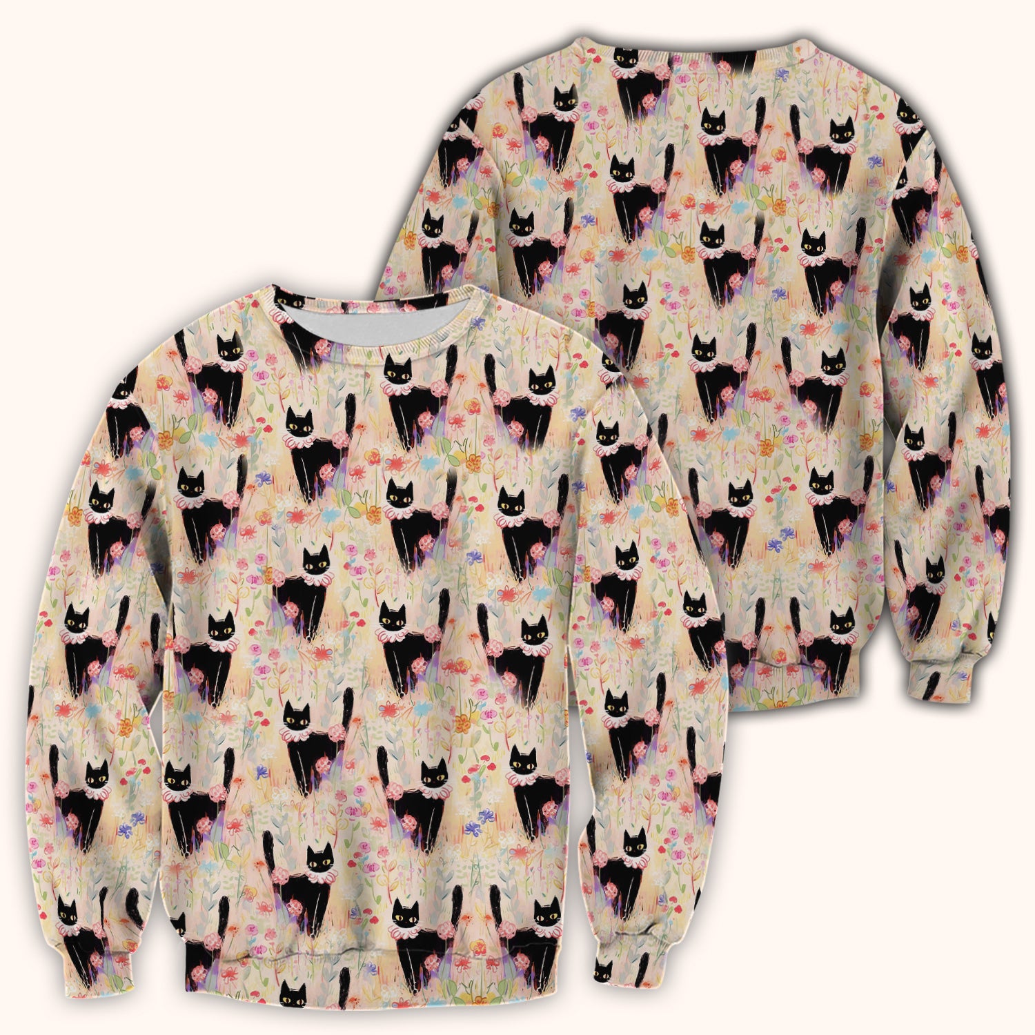 Black Cat Floral Garden Nurse Pattern Scrub Top, Breathable Medical Scrubs