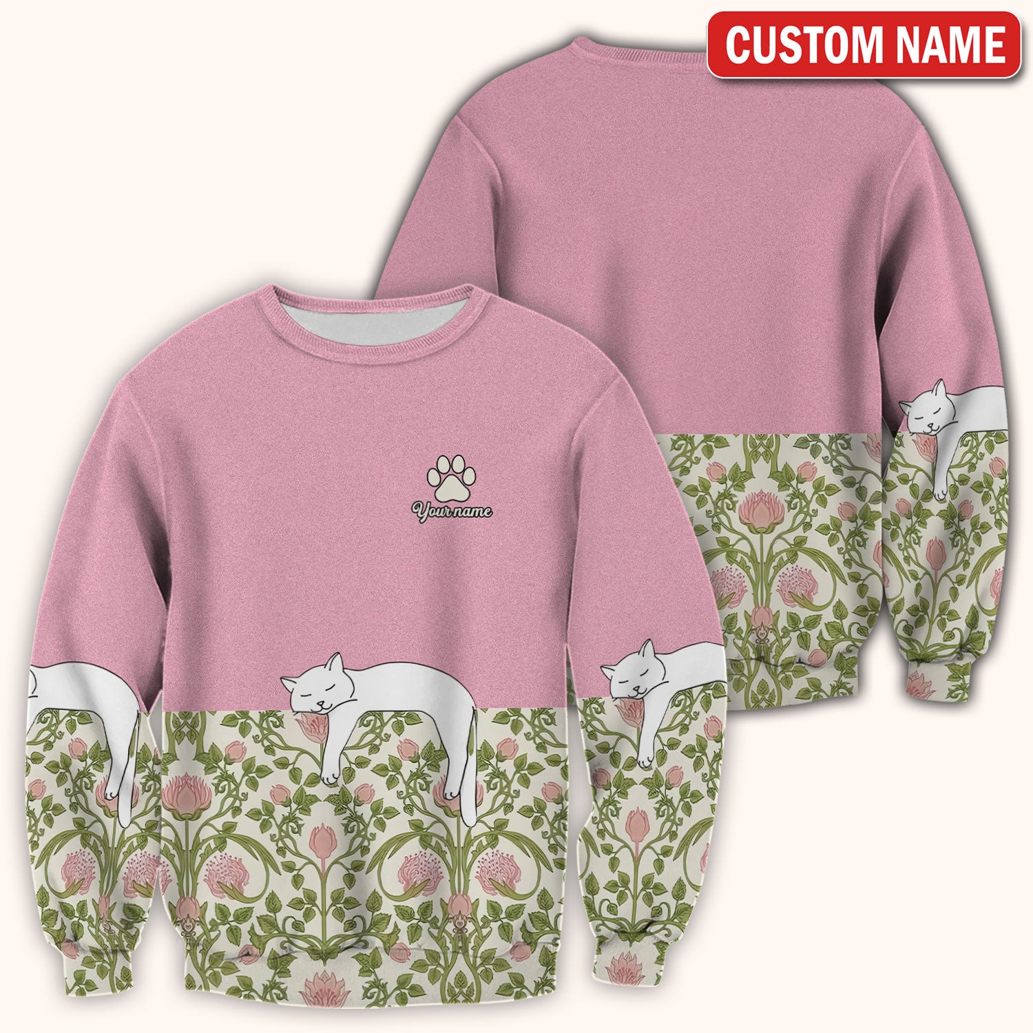 Personalized Cat Nurse Scrub Top, Custom Name Floral Scrub Shirt For Women, Breathable Fabrics Nursing Uniform