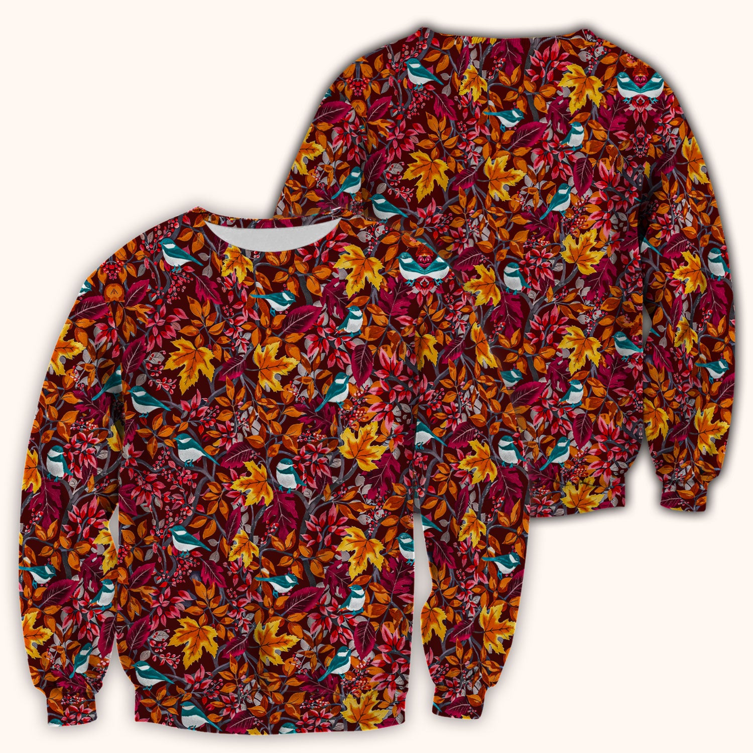 Autumn Leaves Blue Bird Pattern Print Scrub Top, Breathable Fabrics Nursing Uniform