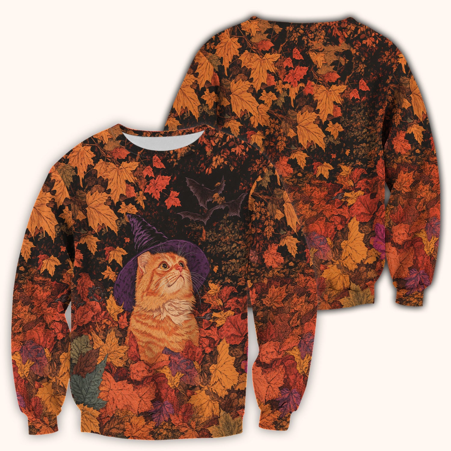 Autumn Cat with Fall Leaves Scrub Top, Comfortable Scrubs for Nurses