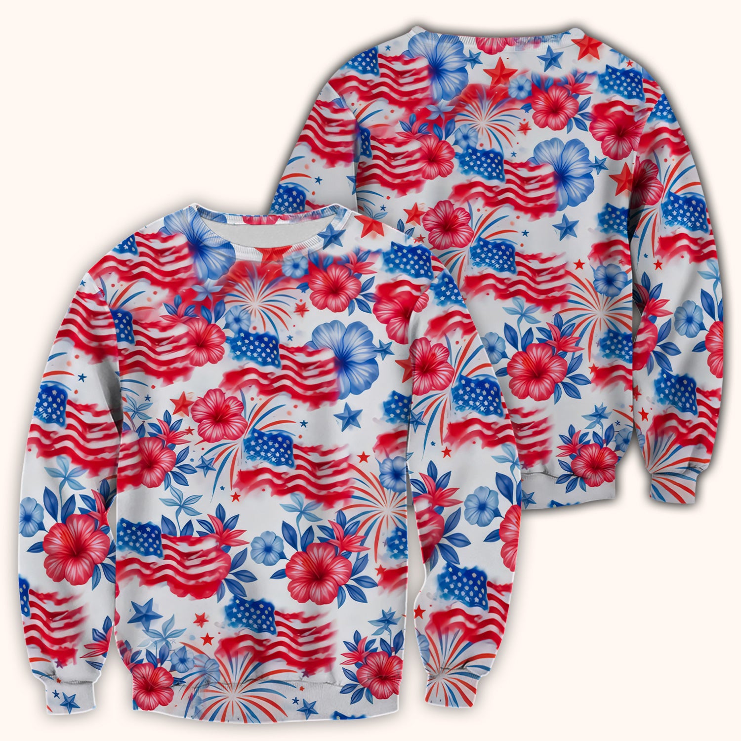 Patriotic American Flag Floral Pattern Scrub Top, Comfortable Scrubs for Nurses