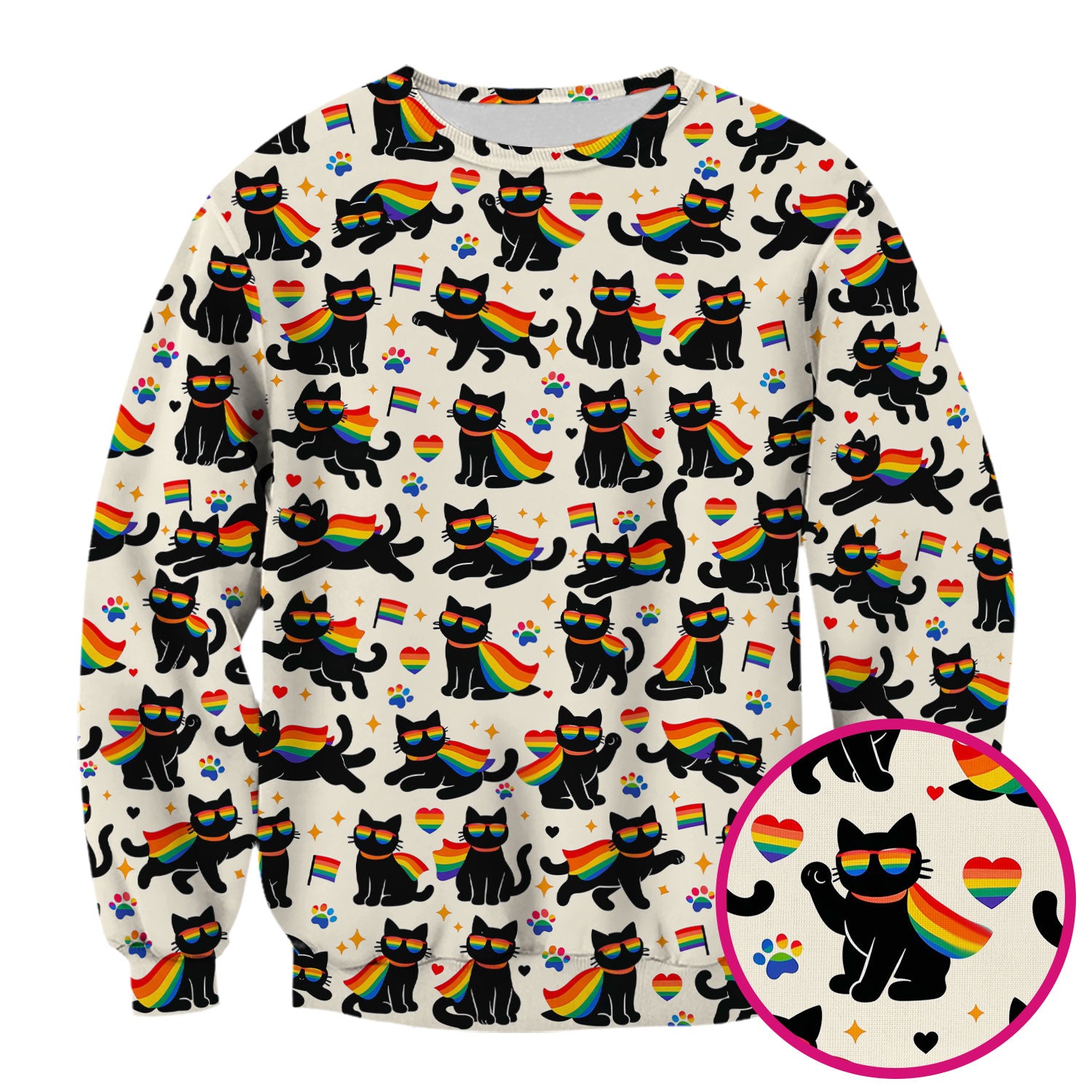 Rainbow Black Cat Pride Pattern Scrub Top, Breathable Fabrics Nursing Uniform