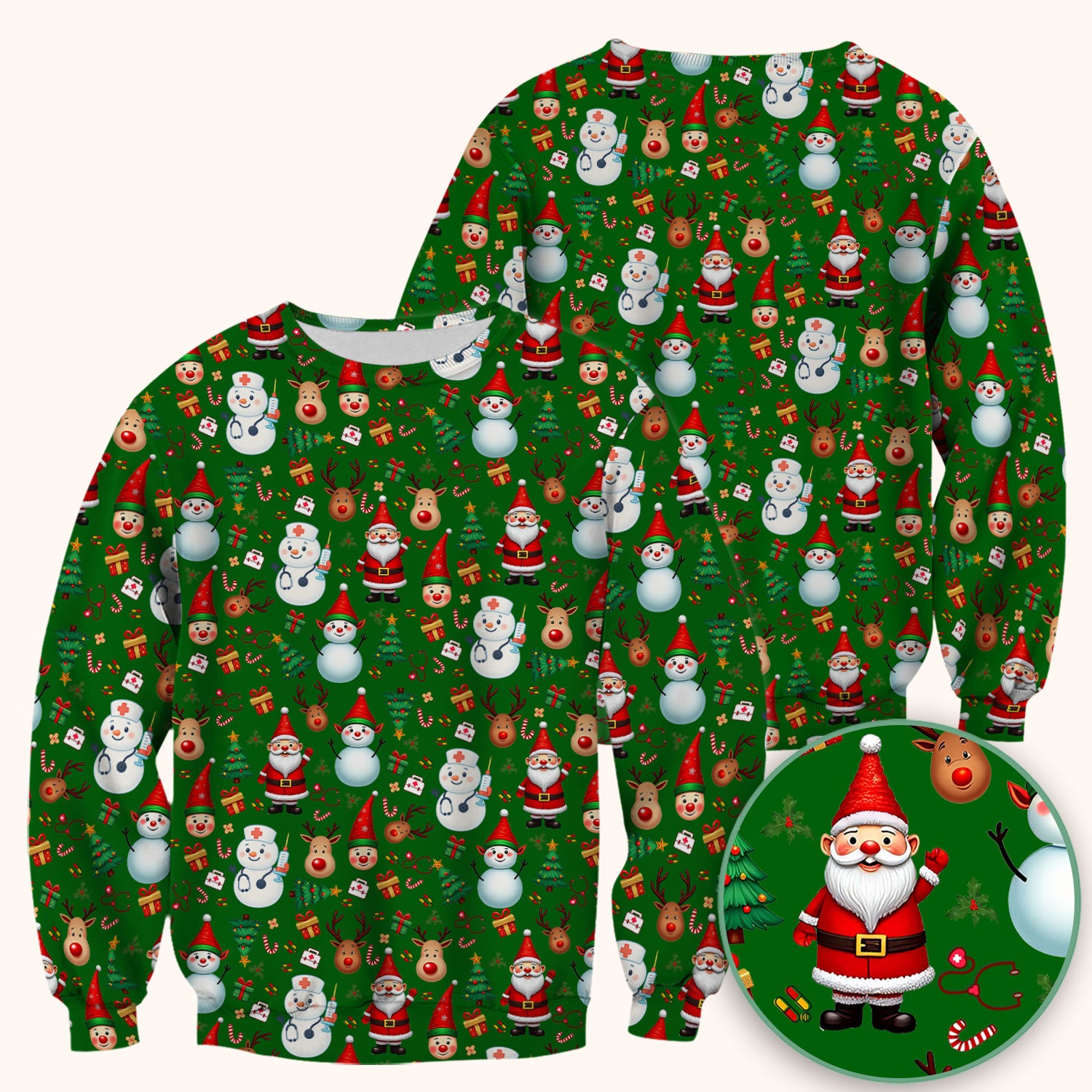 Christmas Scrub Top for Nurses - Cute Snowman Reindeer Santa Pattern - Holiday Medical Uniform RN CNA LPN Gift