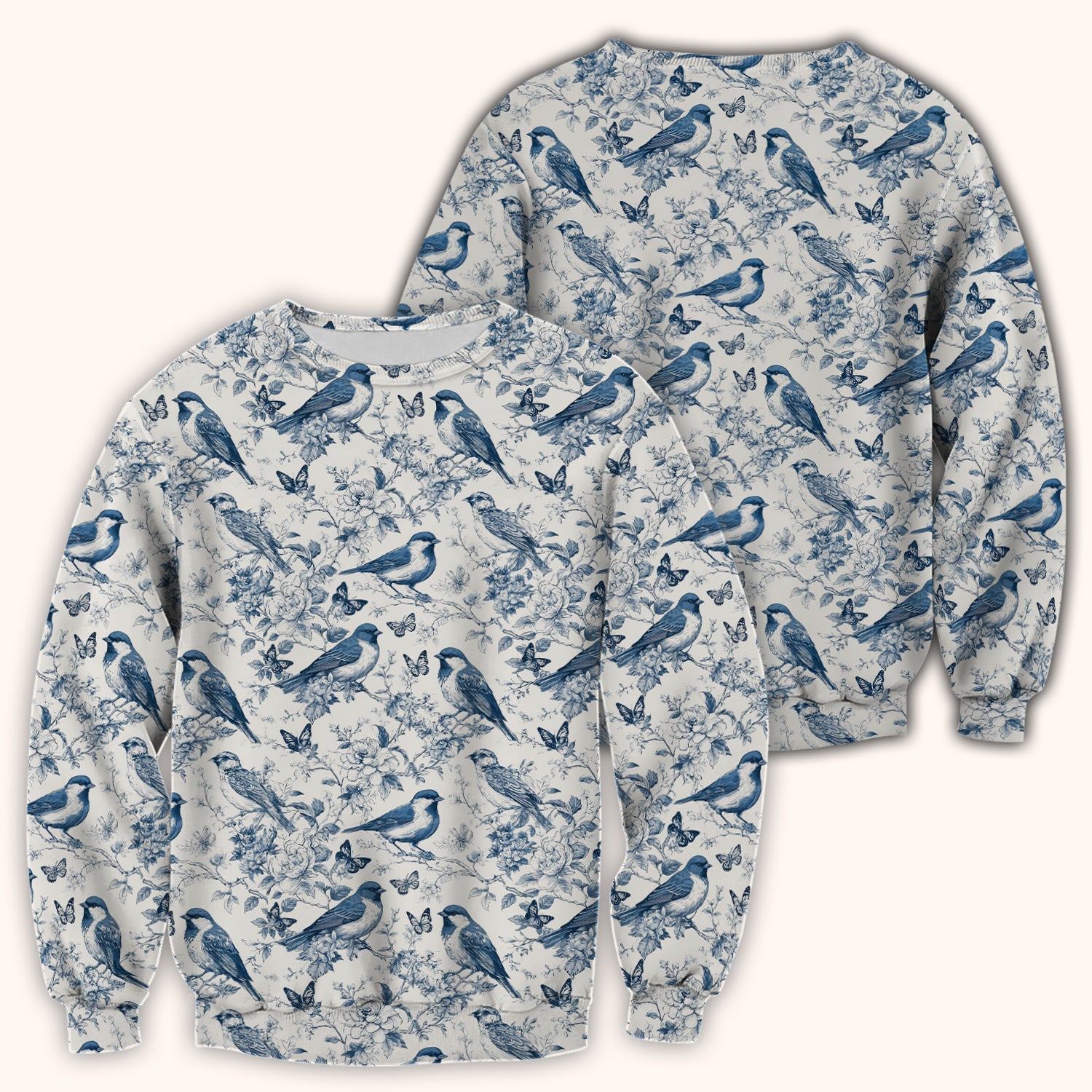 Blue Toile Songbird With Butterfly Print Scrub Top, Comfortable Scrubs for Nurses