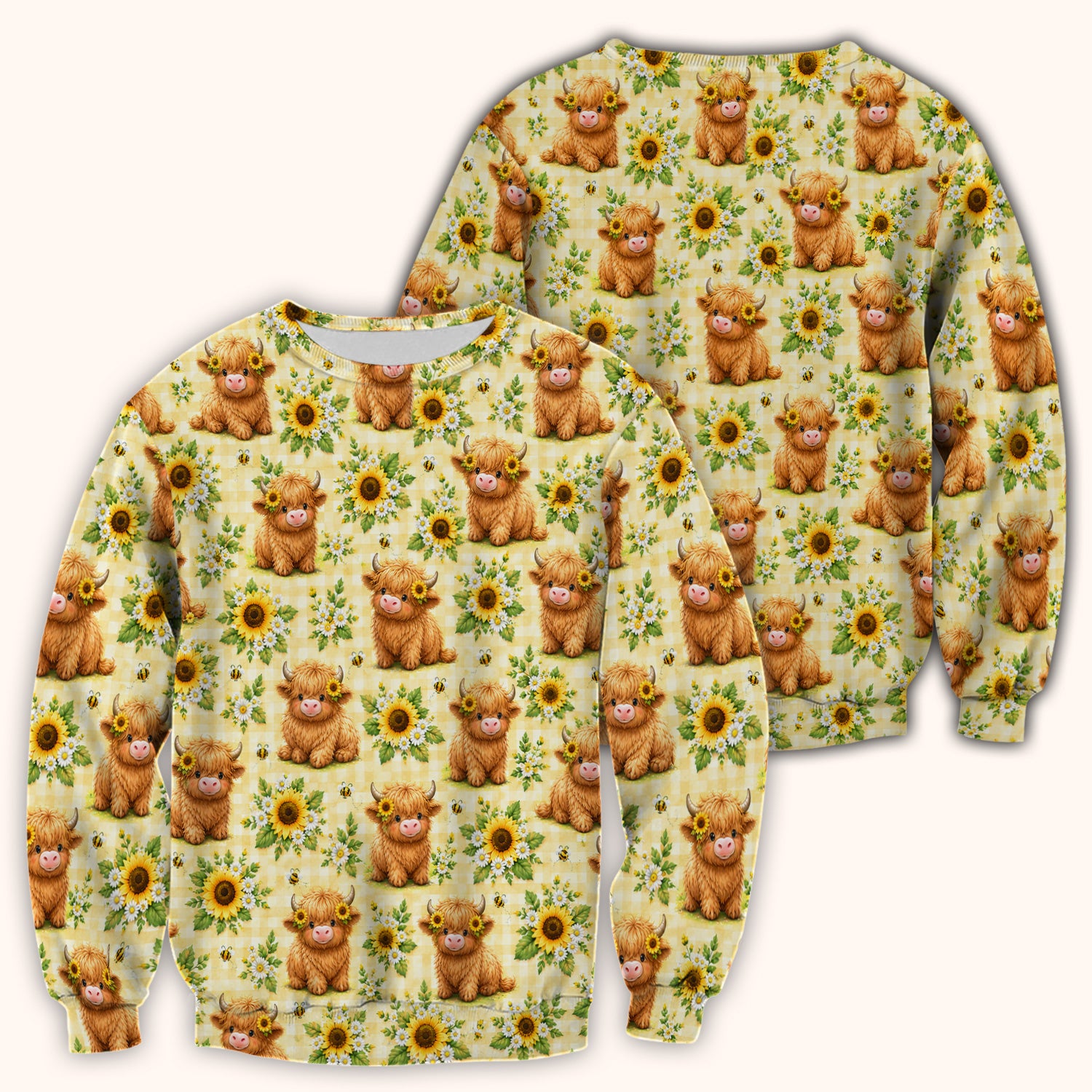 Sunflower Highland Cow And Bee Pattern Scrub Top, Comfortable Scrubs for Nurses