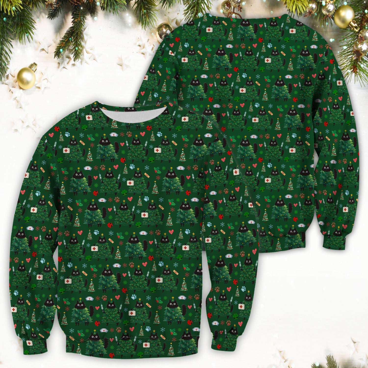Christmas Nurse Scrub Top, Xmas Black Cat Pattern Nurse Shirt,  Breathable Fabrics Nursing Uniform