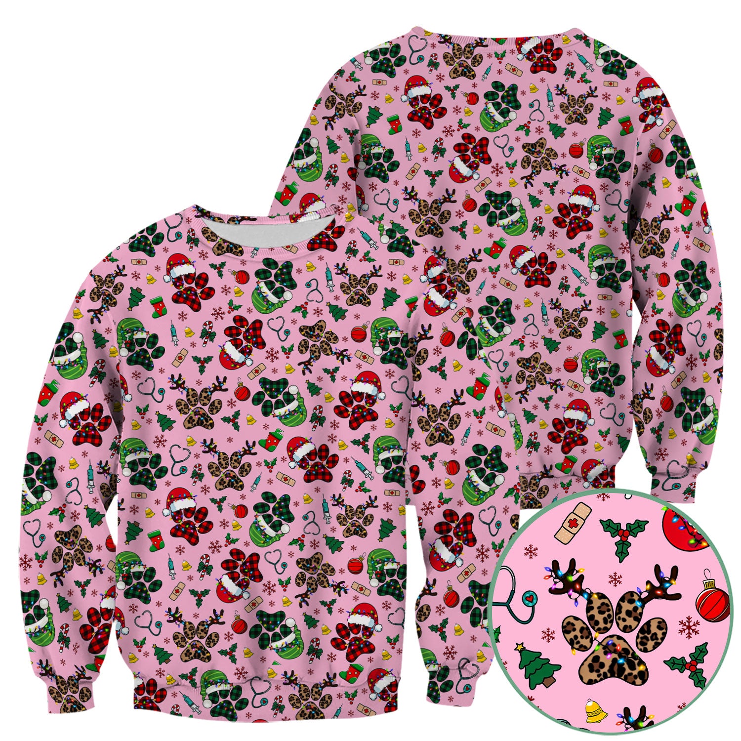 Christmas Paw Print Scrub Top for Nurses - Cute Leopard Holiday Pattern - Funny Festive Medical Uniform Gift