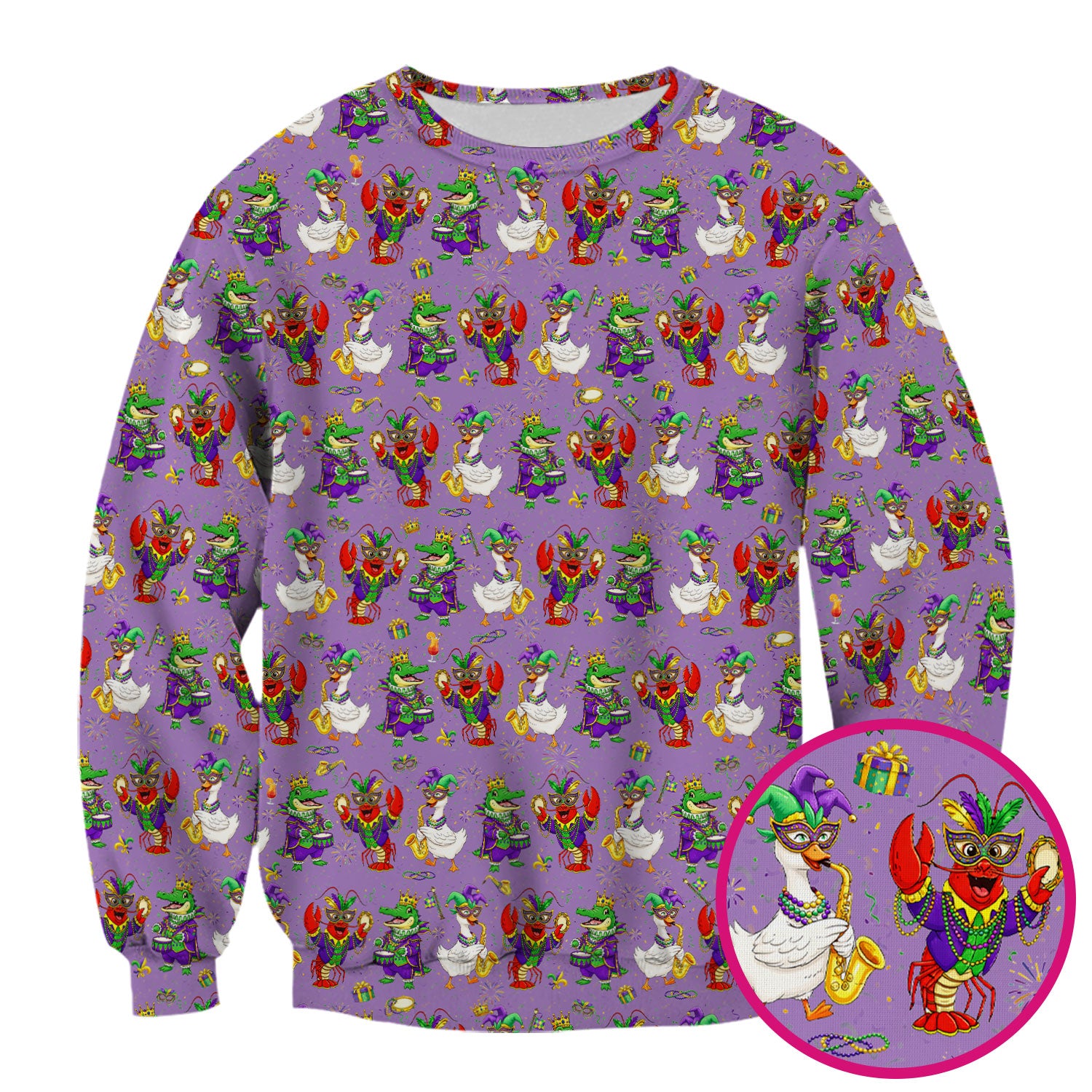 Crawfish And Duck Carnival Scrub Top, Mardi Gras Parade Pattern Nurse Shirt, Breathable Fabrics Nursing Uniform