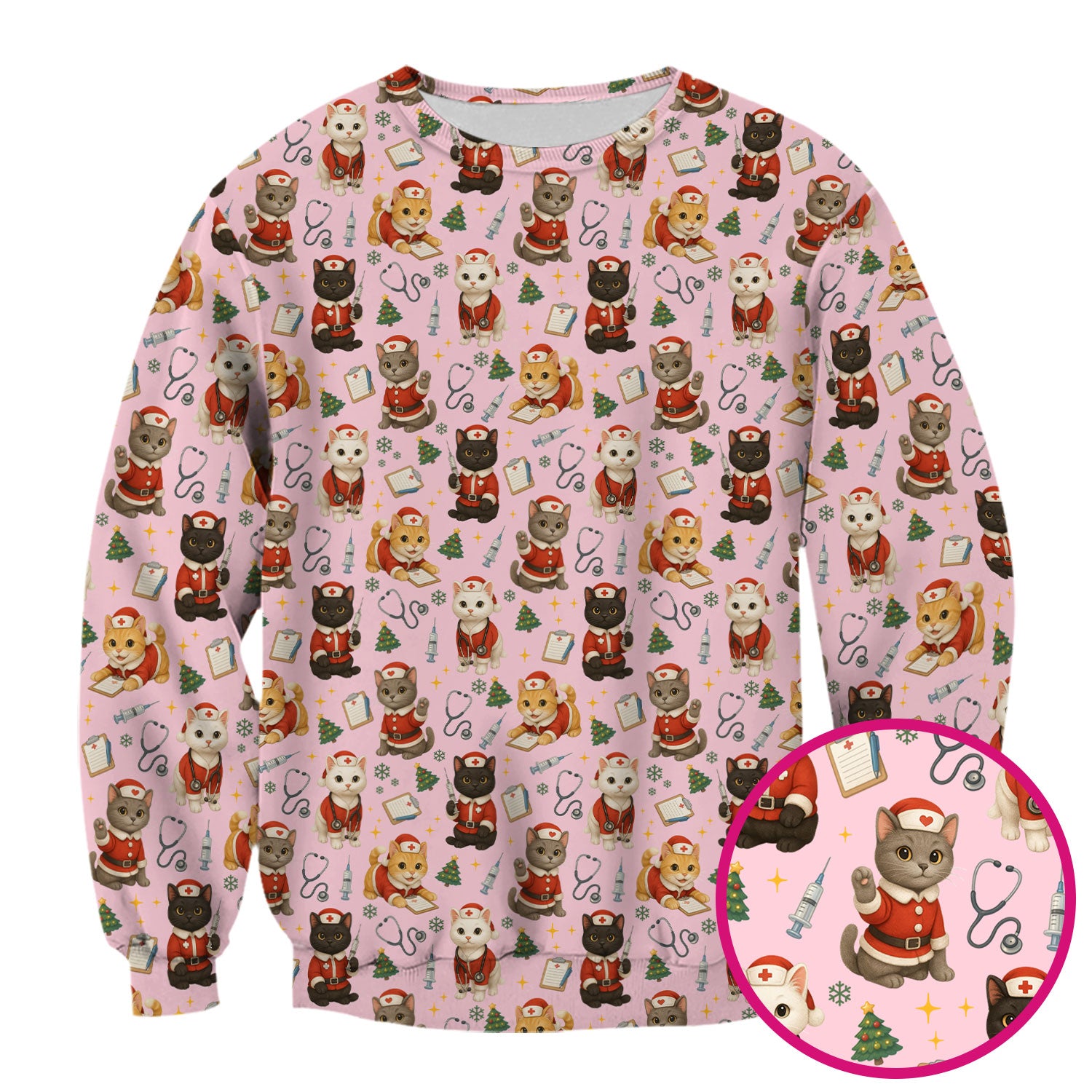Christmas Nurse Scrub Top for Women - Cute Lucky Cat Pattern - Funny Holiday Nursing Shirt Gift for RN LPN CNA